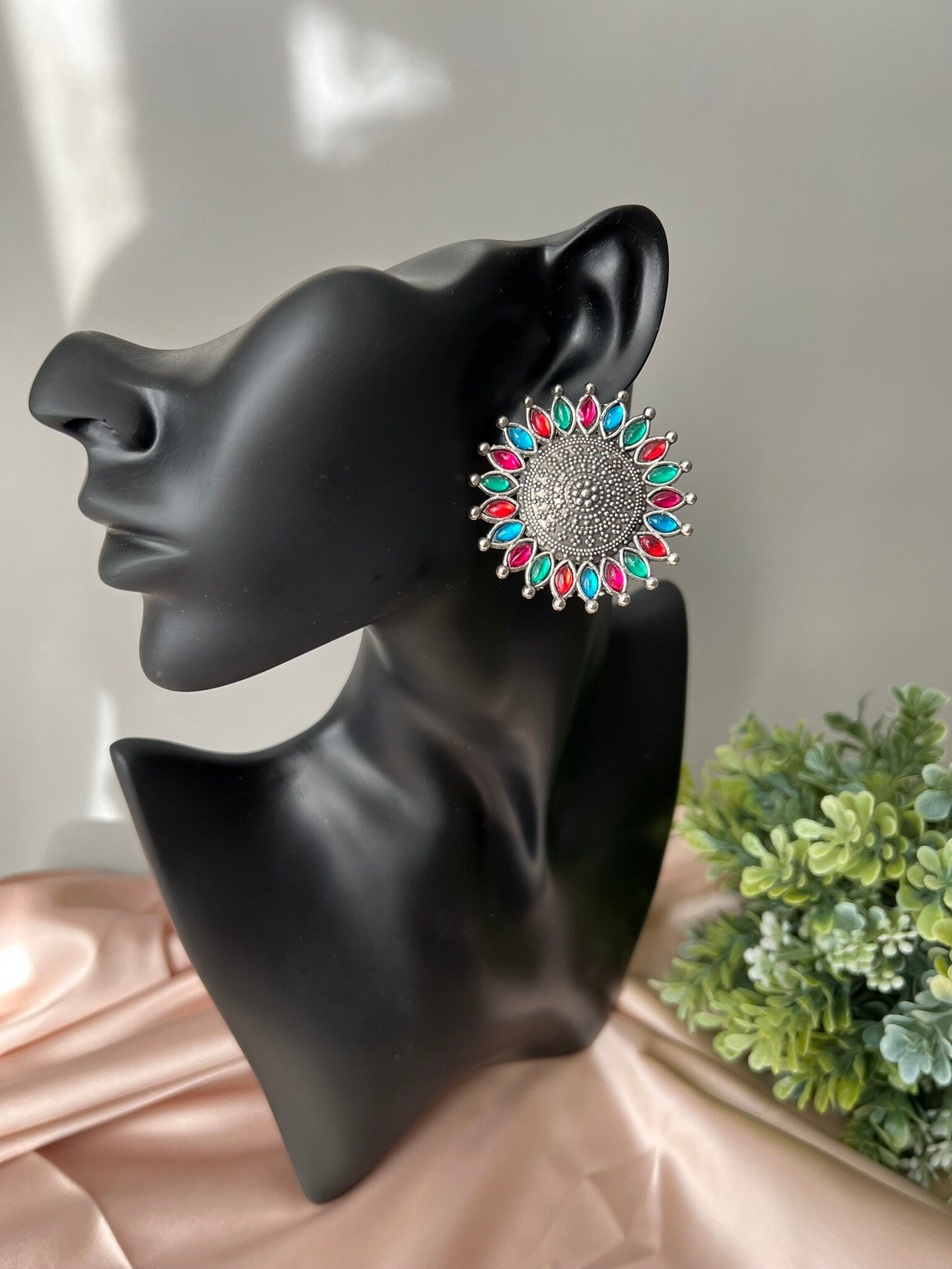 Multi Color oxidized German silver earring stud with stone/Oxidized silver earring/Statement Earring/Boho Earring/Ethnic Earring/Big earring