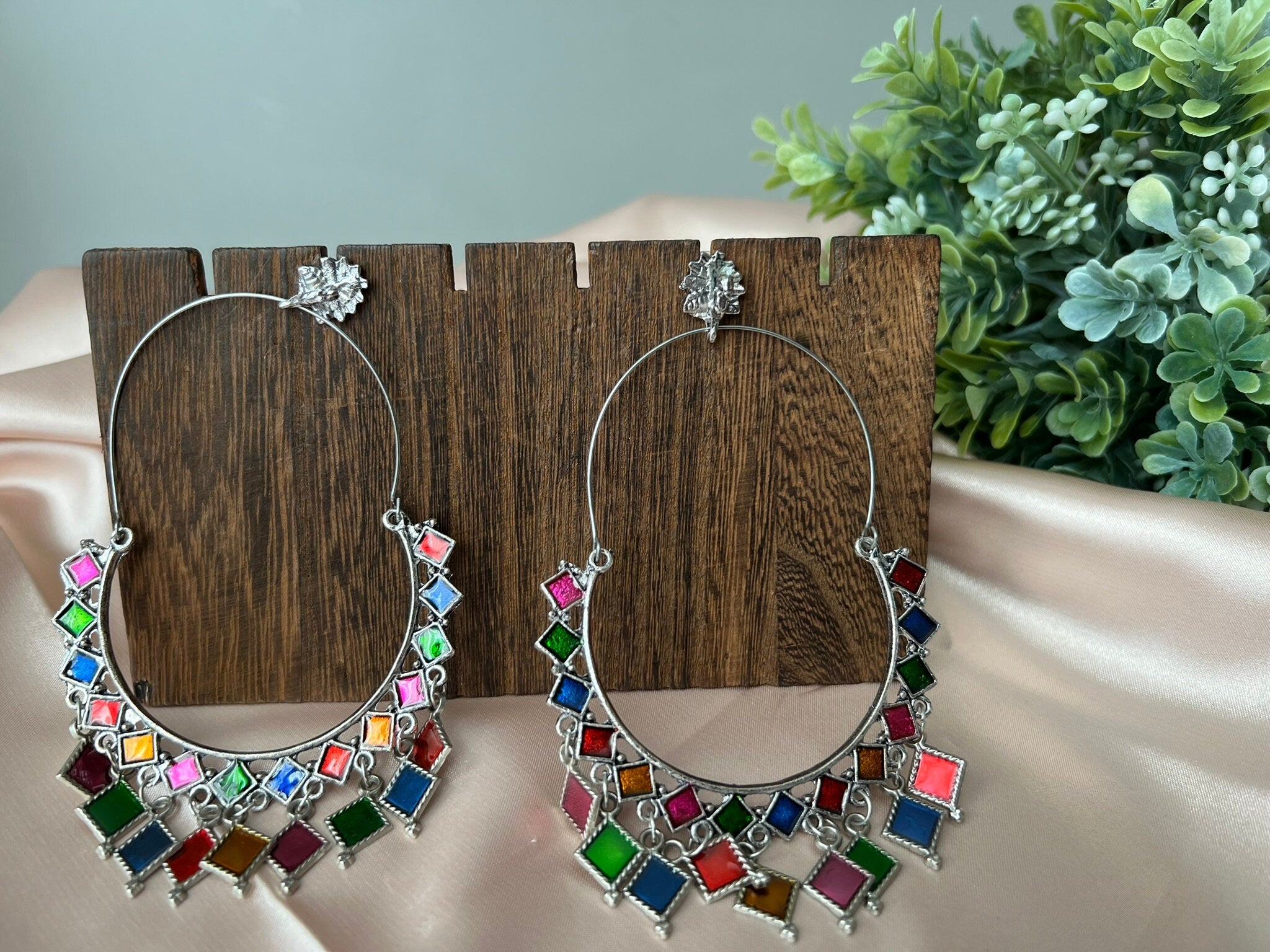 Oversized Multicolor Oxidized German silver Hoop earrings with Enamel details