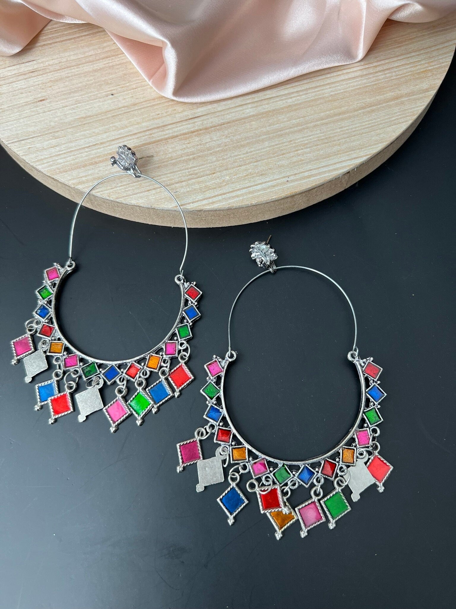Oversized Multicolor Oxidized German silver Hoop earrings with Enamel details