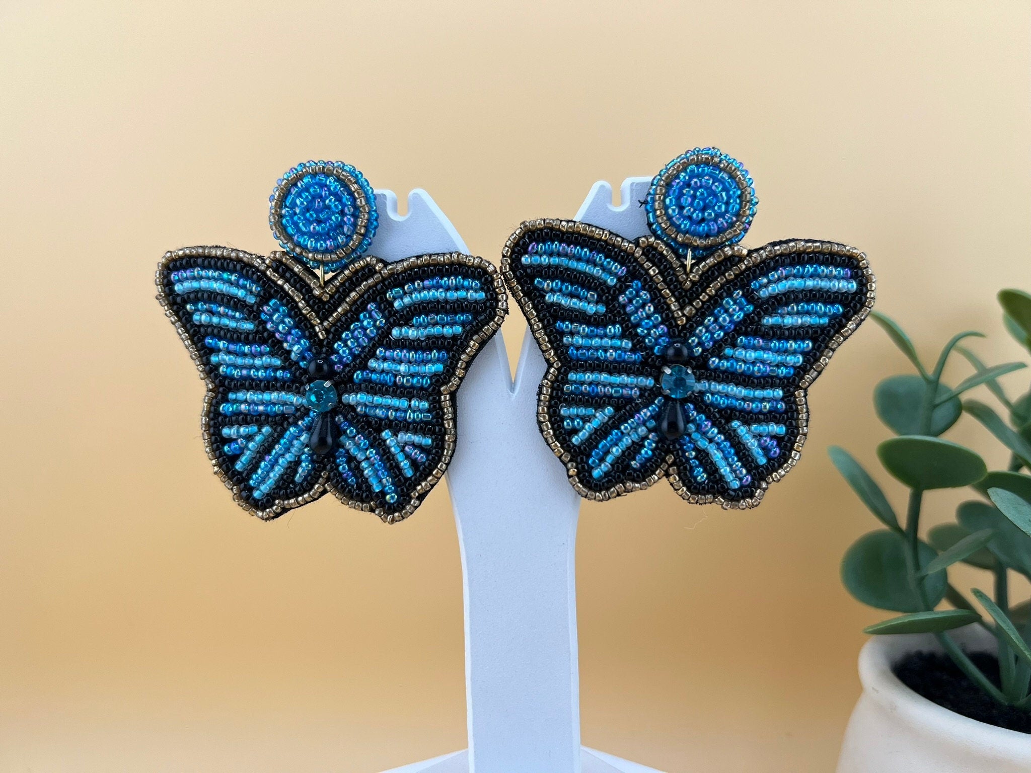 Blue Butterfly Beaded earrings, quirky Handmade earrings