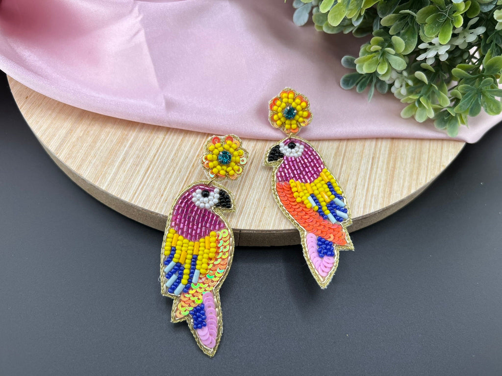 Colorful Bird Beaded Earrings, Handmade Statement earrings