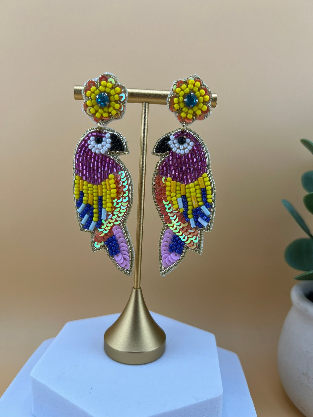 Colorful Bird Beaded Earrings, Handmade Statement earrings