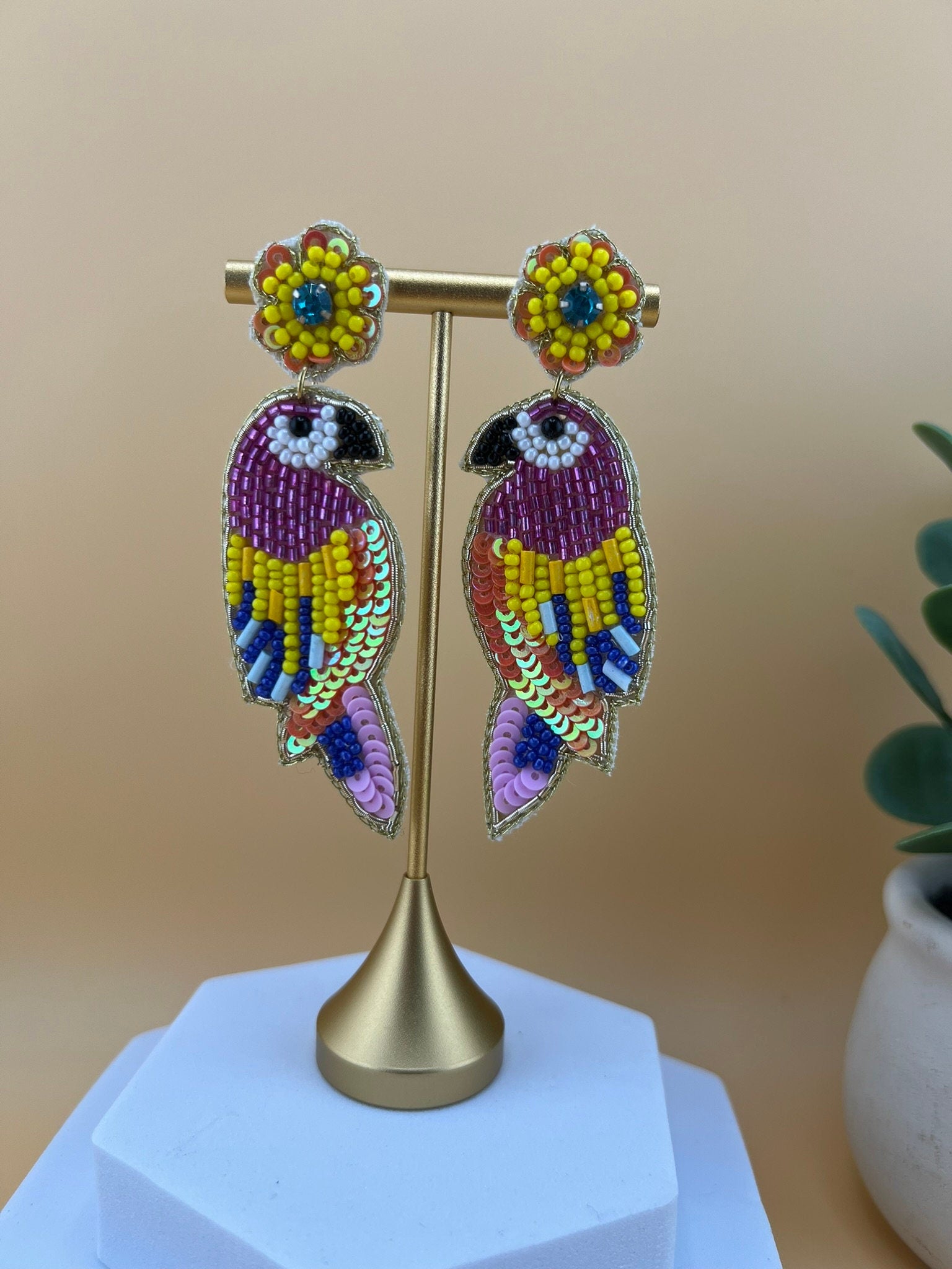 Colorful Bird Beaded Earrings, Handmade Statement earrings