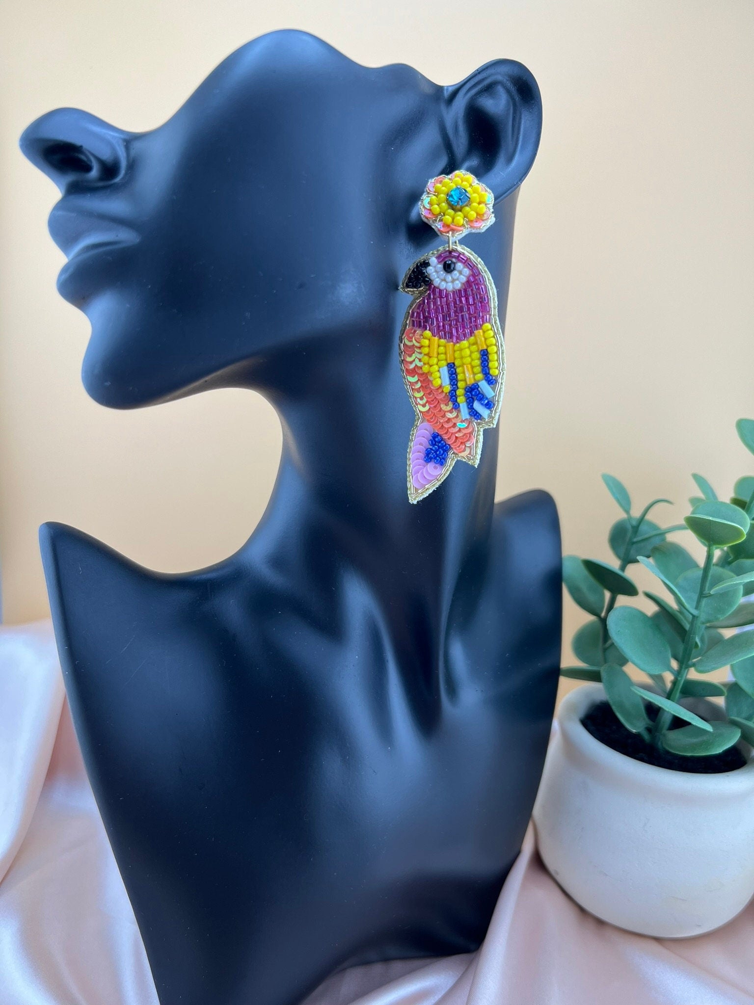Colorful Bird Beaded Earrings, Handmade Statement earrings