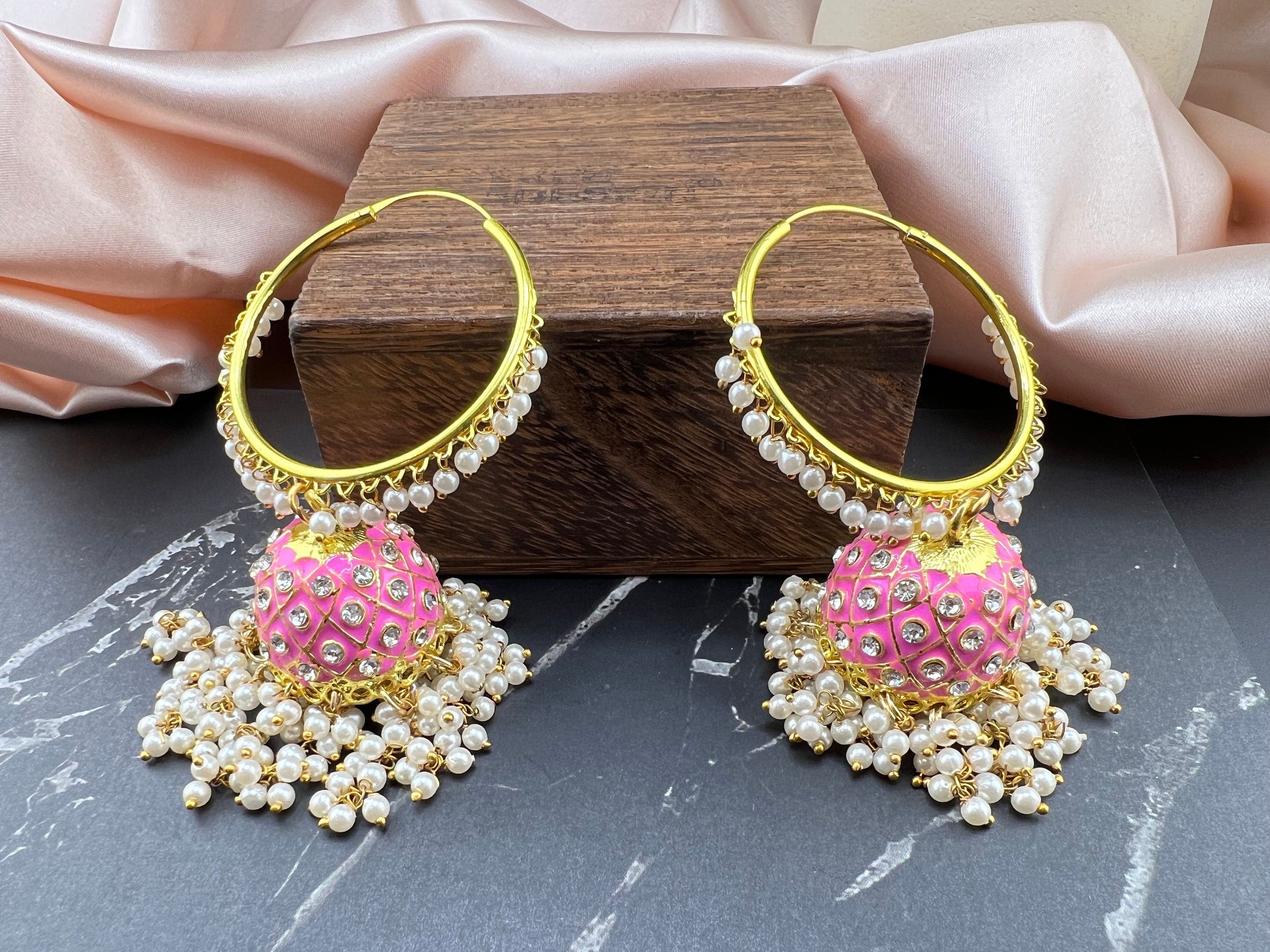 Premium gold and Pink Jhumka with Minakari, CZ and pearls, Minakari detailed Gold earring/Jhumka earring/Indian Earrings/Bridal Earring