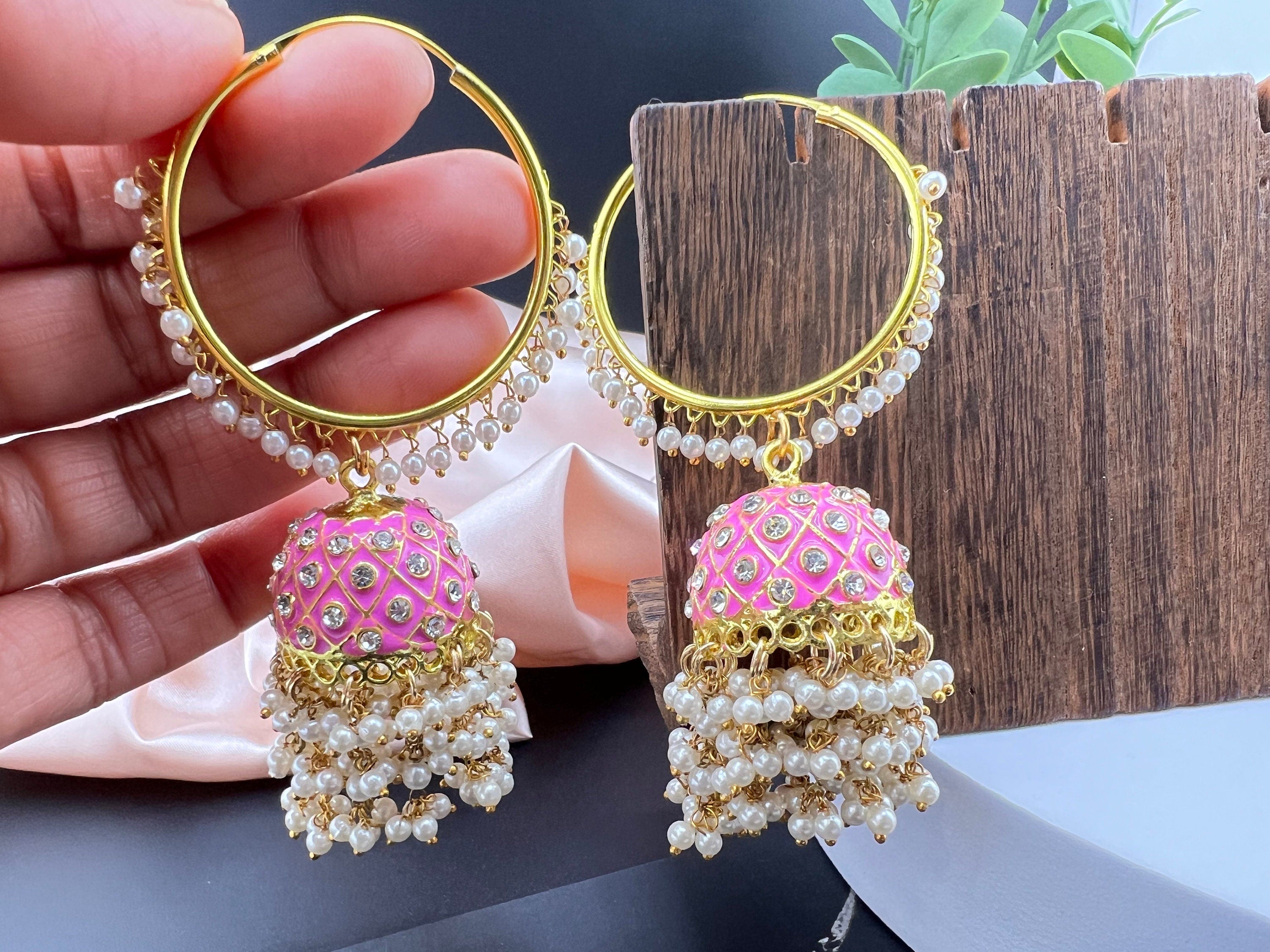 Premium gold and Pink Jhumka with Minakari, CZ and pearls, Minakari detailed Gold earring/Jhumka earring/Indian Earrings/Bridal Earring