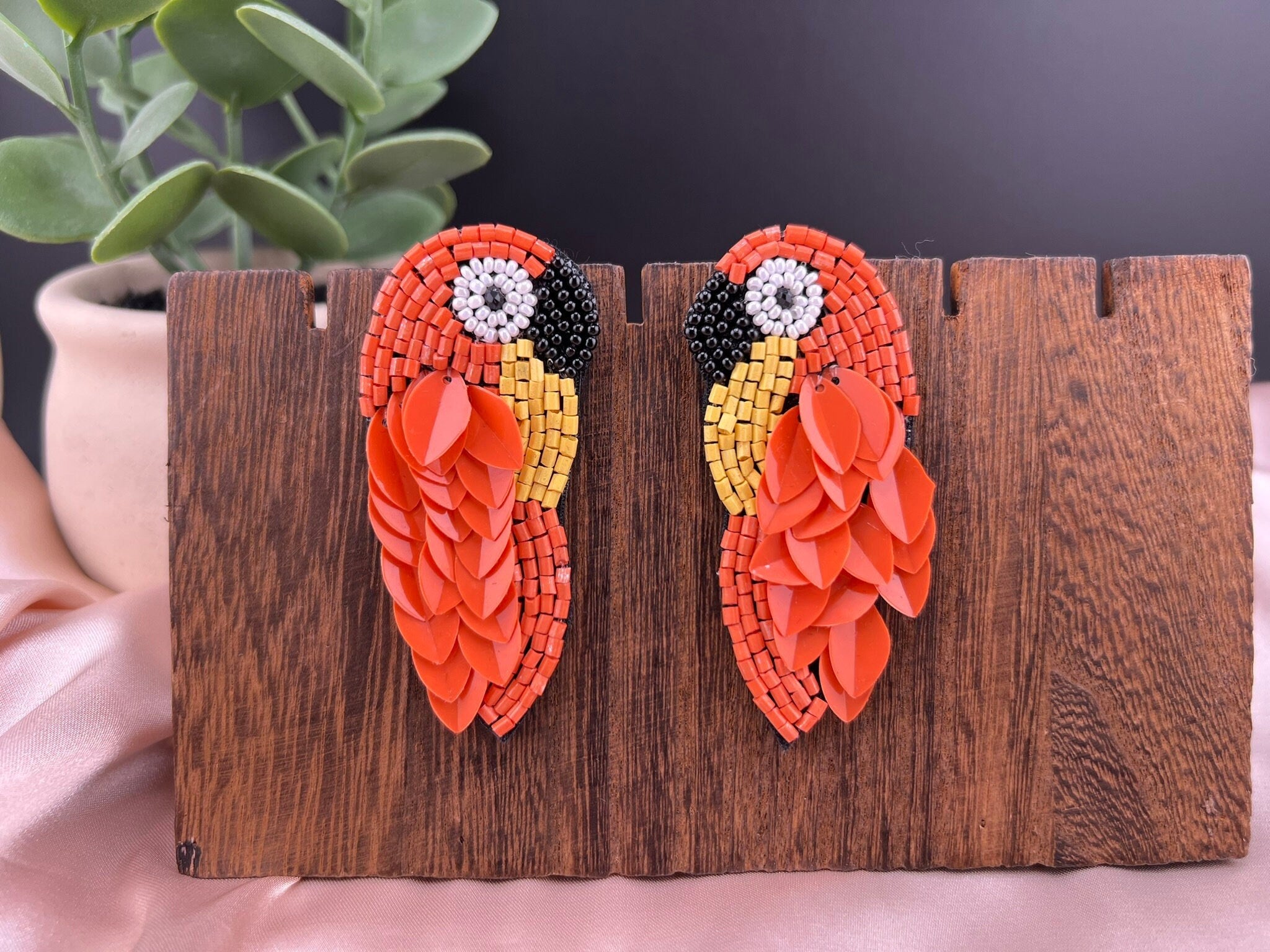 Orange Bird Beaded earrings, Quirky Handmade earrings