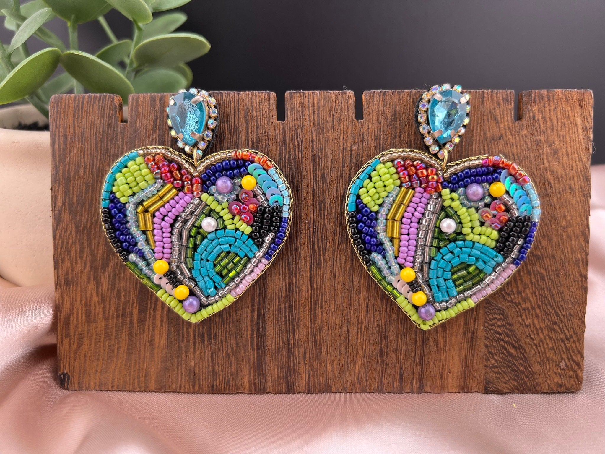 Colorful Heart Shaped Beaded earrings, quirky Handmade earrings