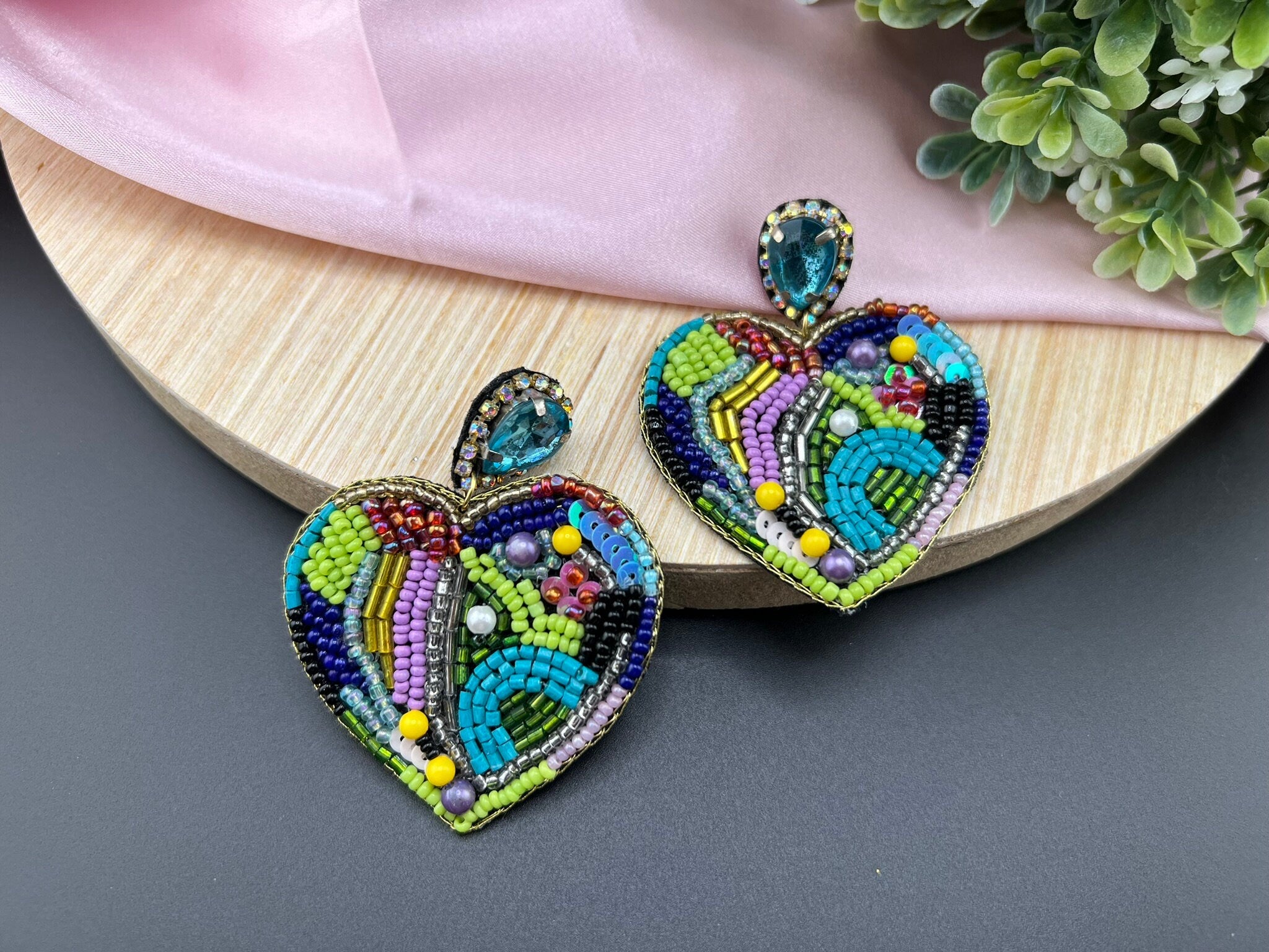 Colorful Heart Shaped Beaded earrings, quirky Handmade earrings
