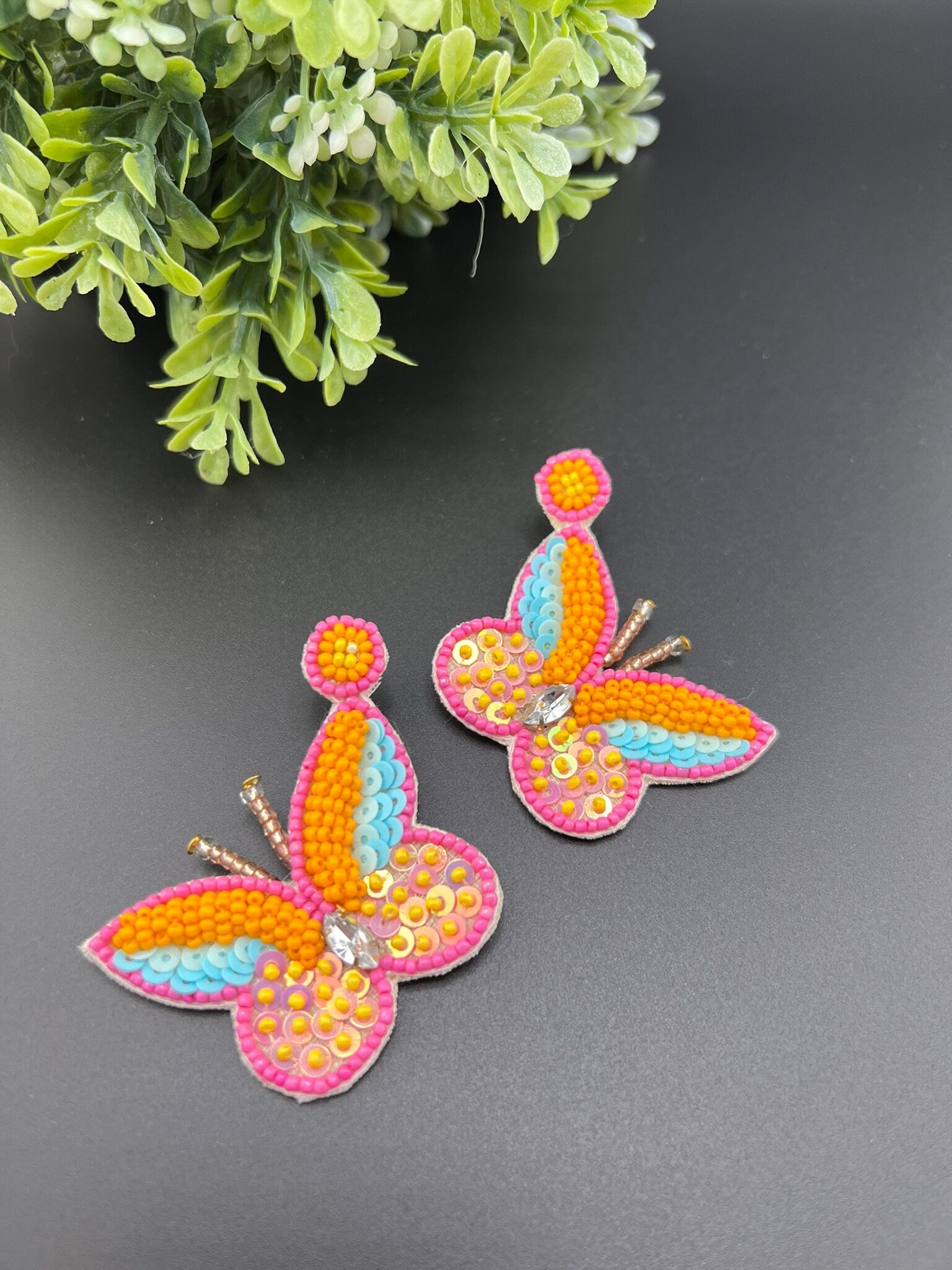 Pastel Orange Butterfly quirky Beaded earring, Handmade earrings