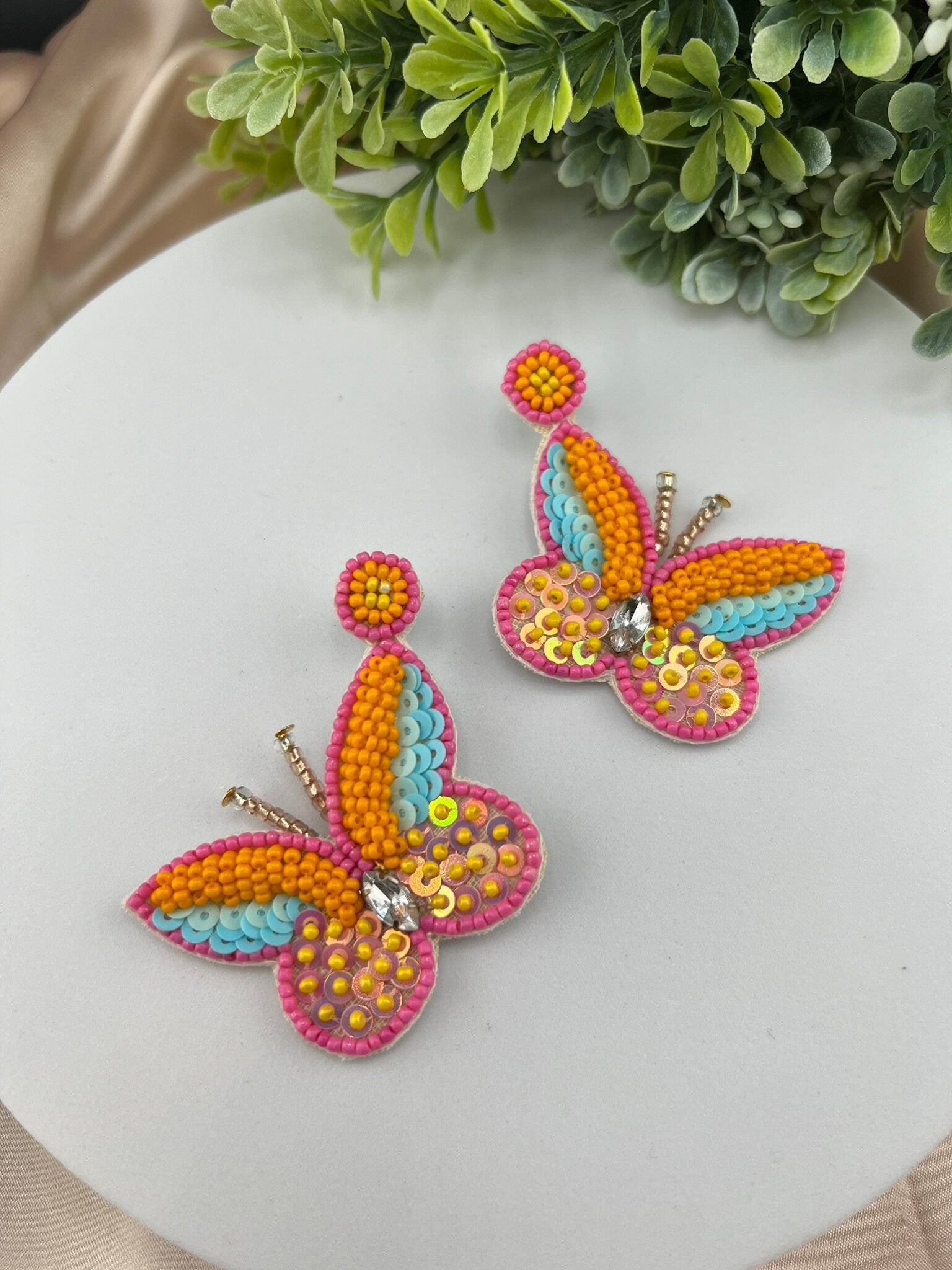 Pastel Orange Butterfly quirky Beaded earring, Handmade earrings