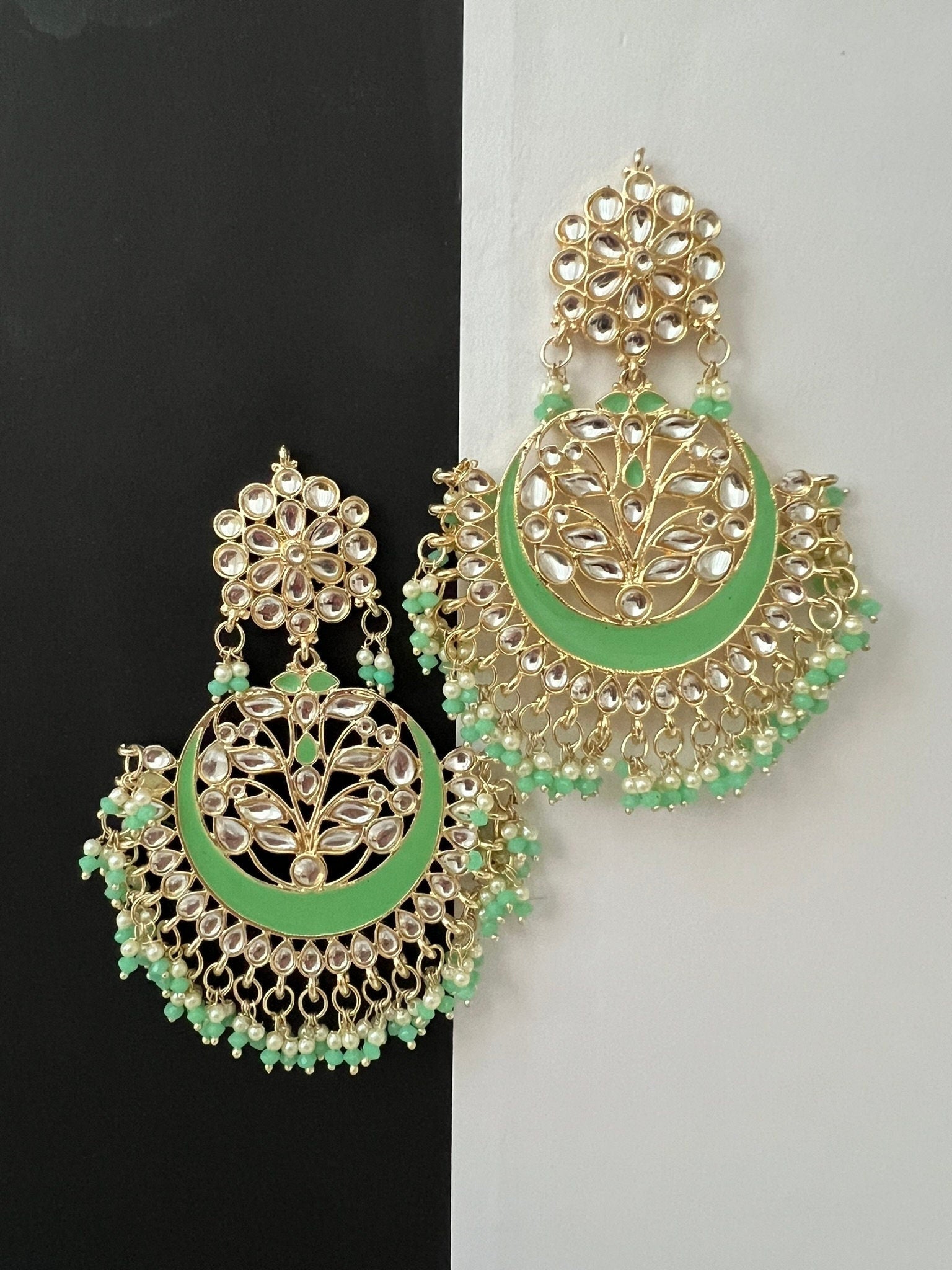 Parrot Green Punjabi Chandbali with Minakari, kundan and pearls, Minakari detailed Gold earring/statement Indian Earrings/Bridal Earring