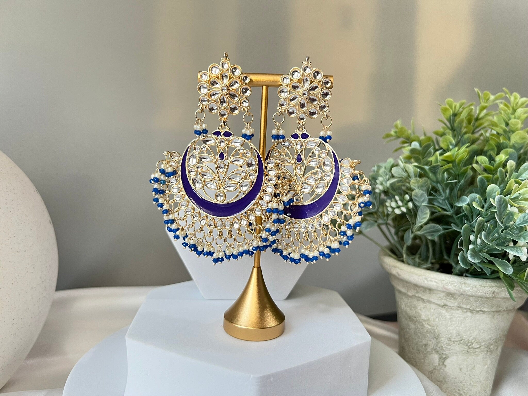 Purple and Gold Punjabi Chandbali with Minakari, kundan and pearls