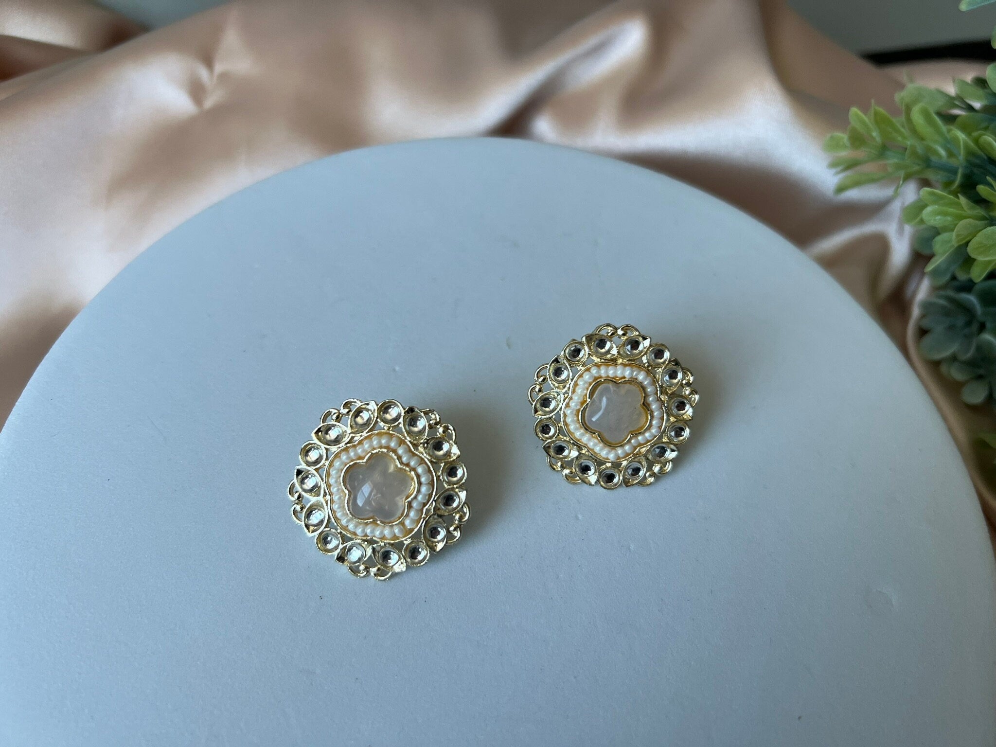 Pink Stud Monalisa Stone, kundan and Pearls stud earrings