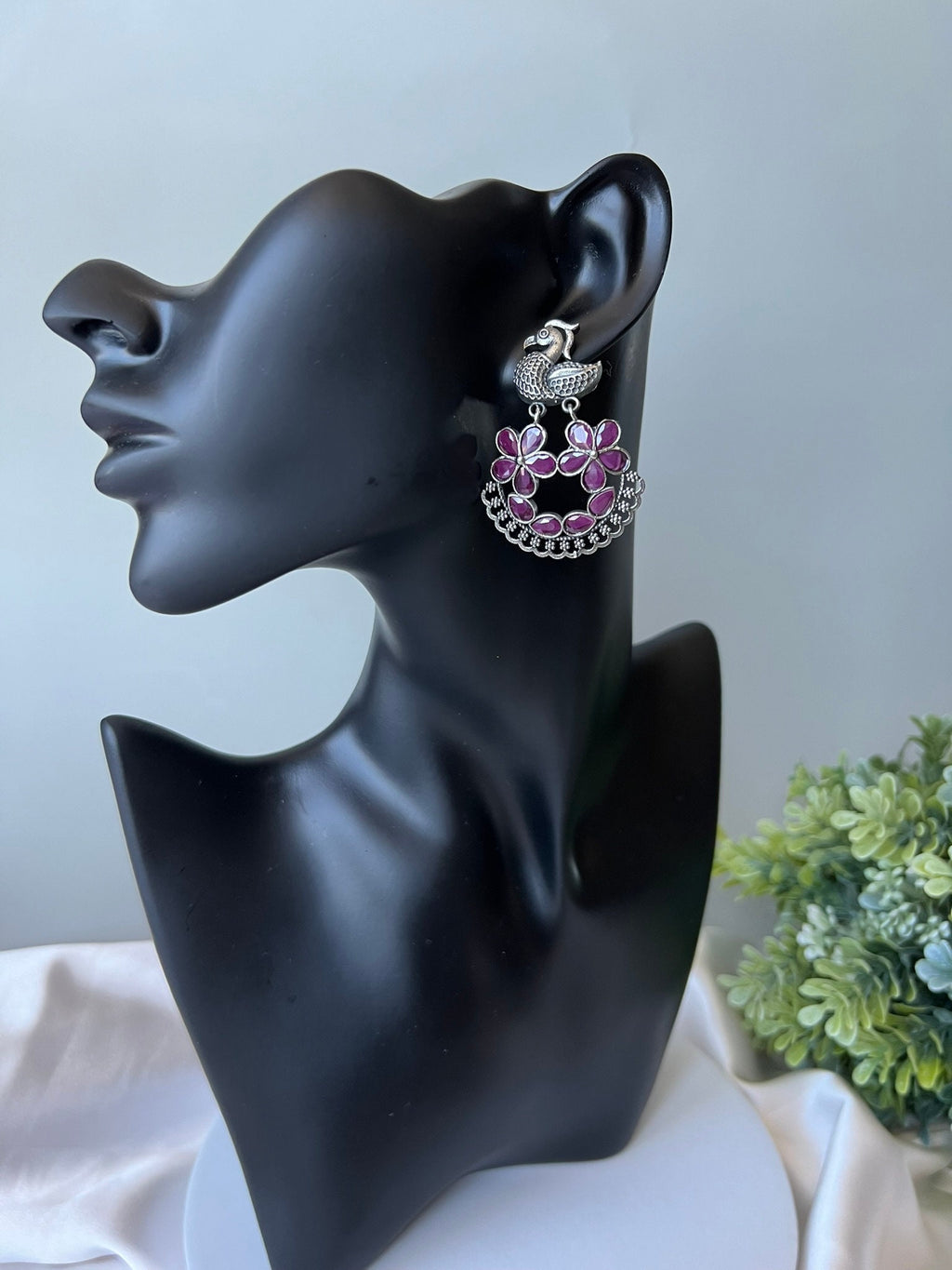 Pink Oxidized German Silver peacock Chandbali Earrings with stones