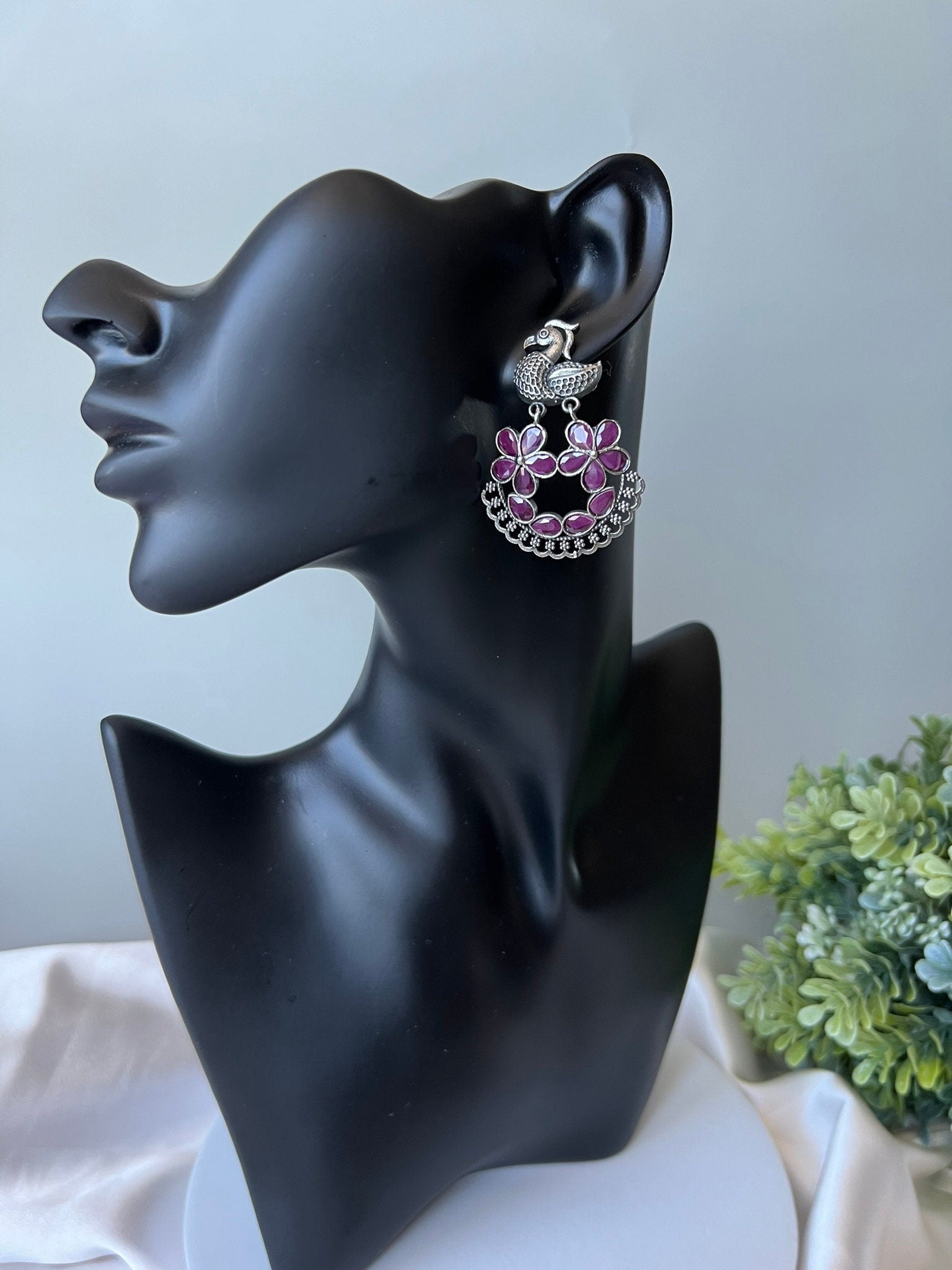 Magenta/Pink oxidized silver peacock earring with stones/Oxidized silver earring/Statement Earring/Boho Earring/bird jewelry/Ethnic Earring