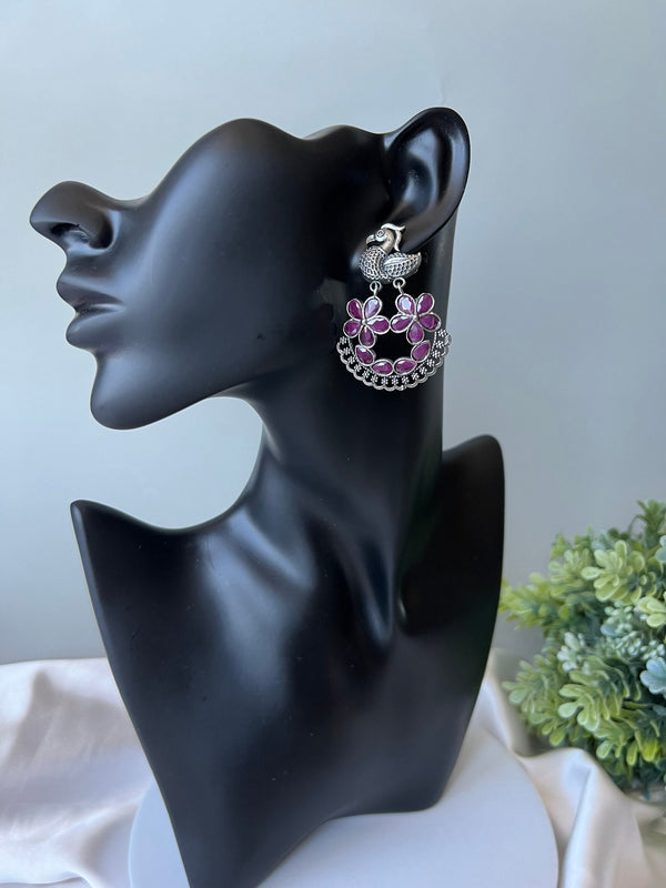 Pink Oxidized German Silver peacock Chandbali Earrings with stones