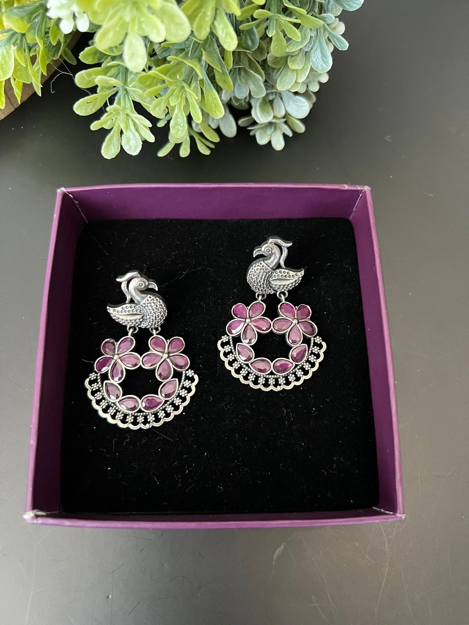Pink Oxidized German Silver peacock Chandbali Earrings with stones