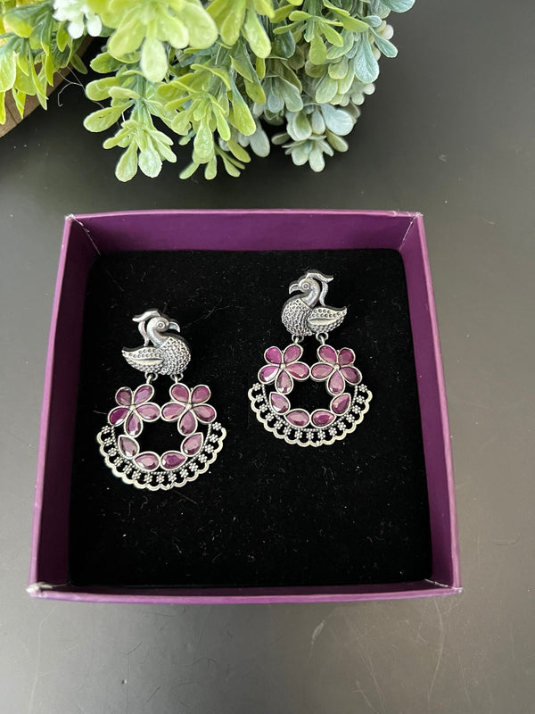 Pink Oxidized German Silver peacock Chandbali Earrings with stones
