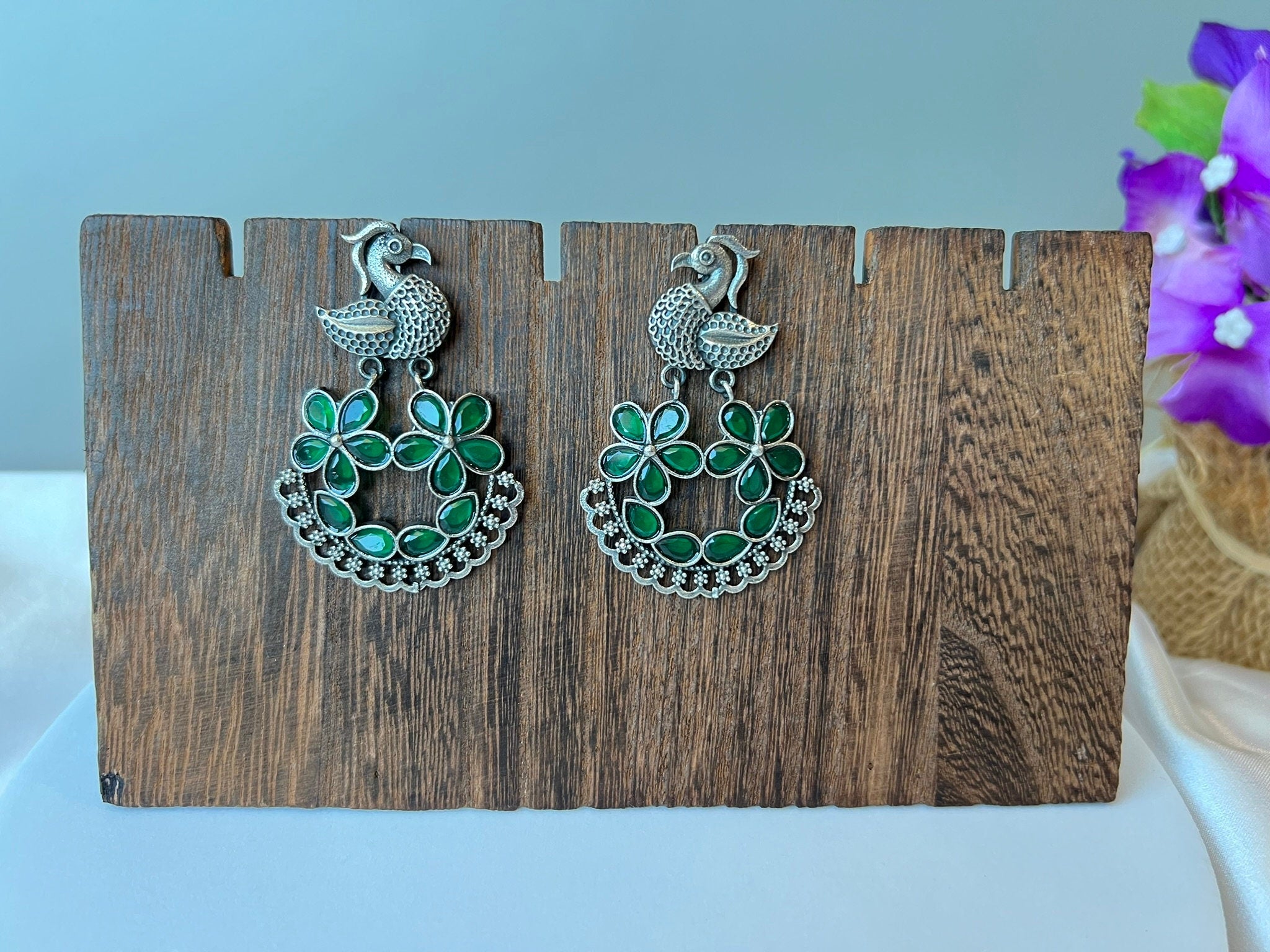 Green oxidized silver peacock earring with stones/Oxidized silver earring/Statement Earring/Boho Earring/bird jewelry/Ethnic Earring