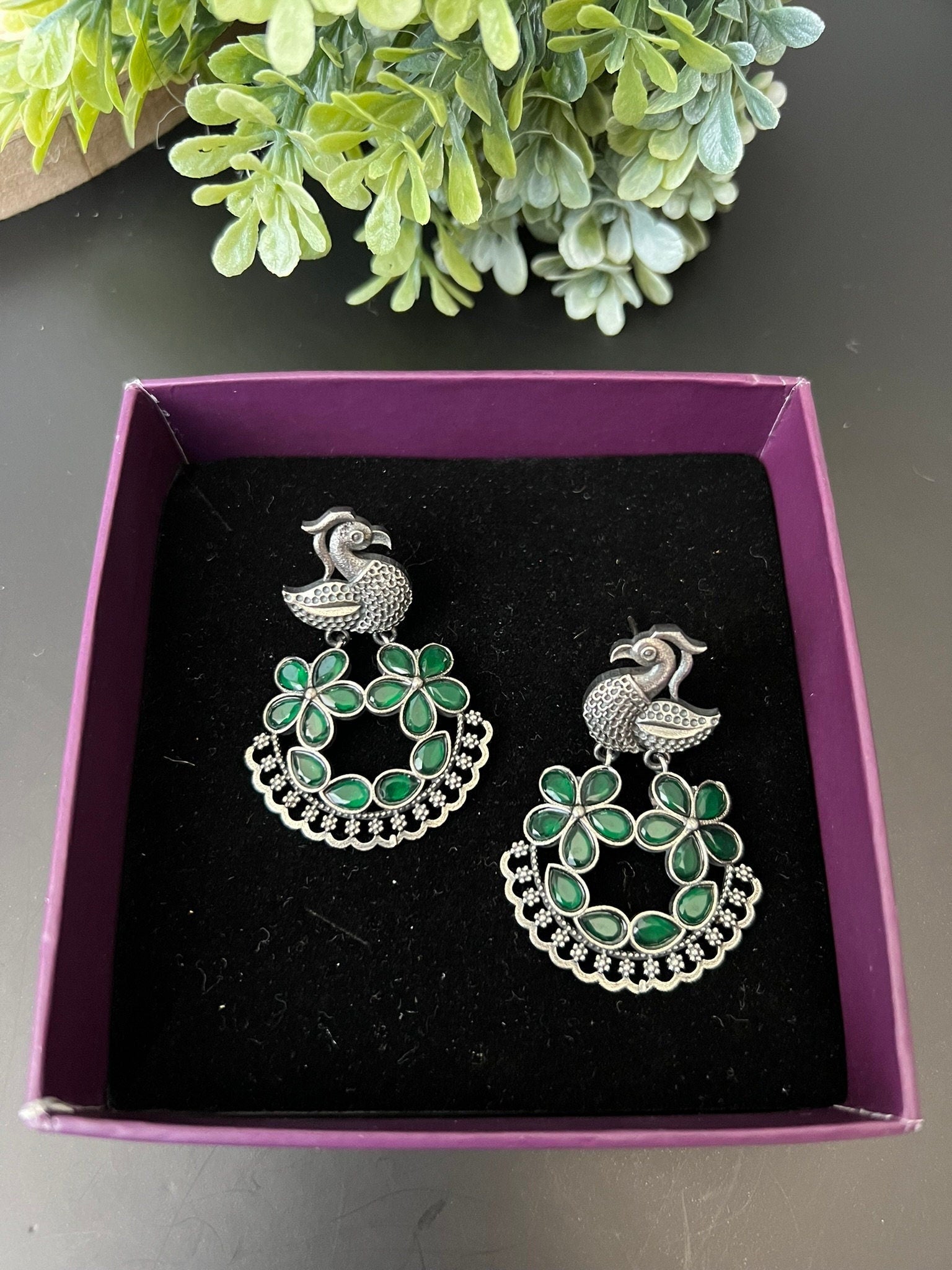 Green oxidized silver peacock earring with stones/Oxidized silver earring/Statement Earring/Boho Earring/bird jewelry/Ethnic Earring