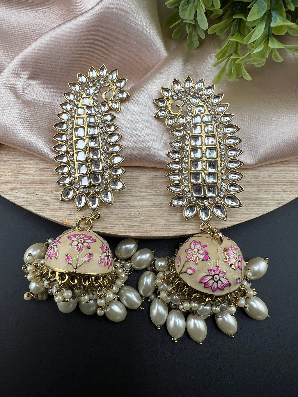 Ivory and Gold Long Jhumka with Minakari work, kundan and pearls details