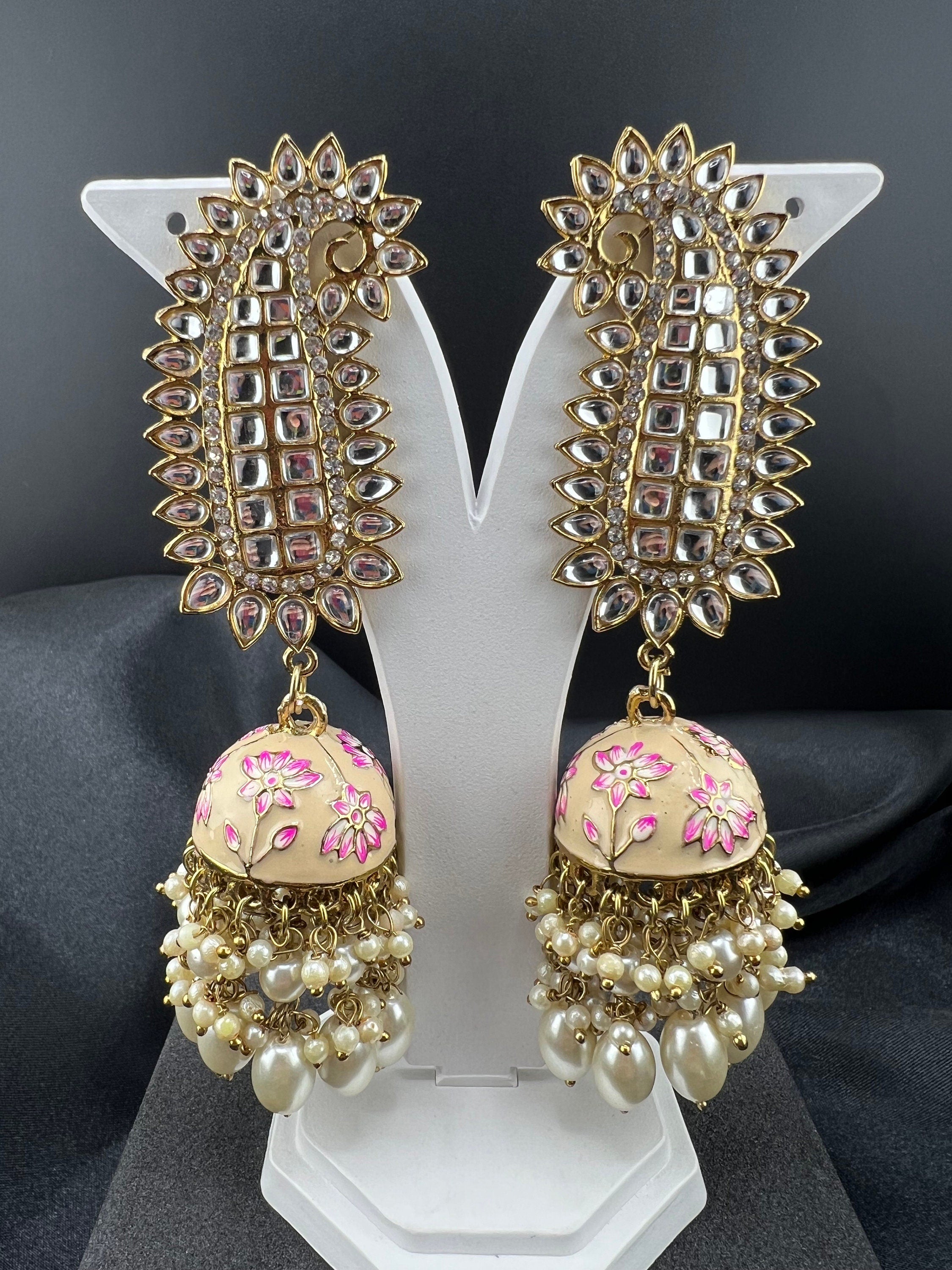 Ivory and Gold Long Jhumka with Minakari work, kundan and pearls details