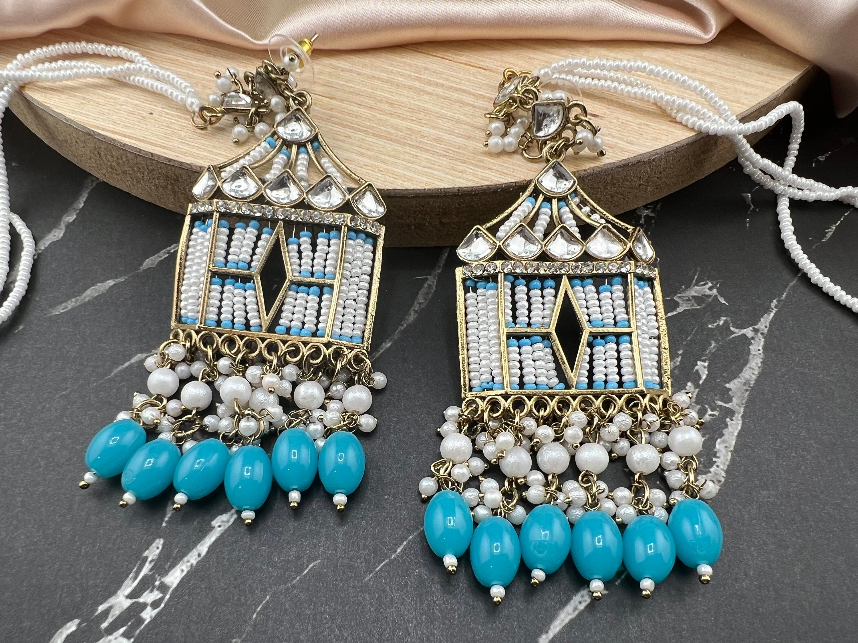 Doli Blue/Turquoise/Firozi chandbali earring with Ear Support Chain in kundan, CZ and pearl/statement earring/Indian Earrings/Bridal Earring