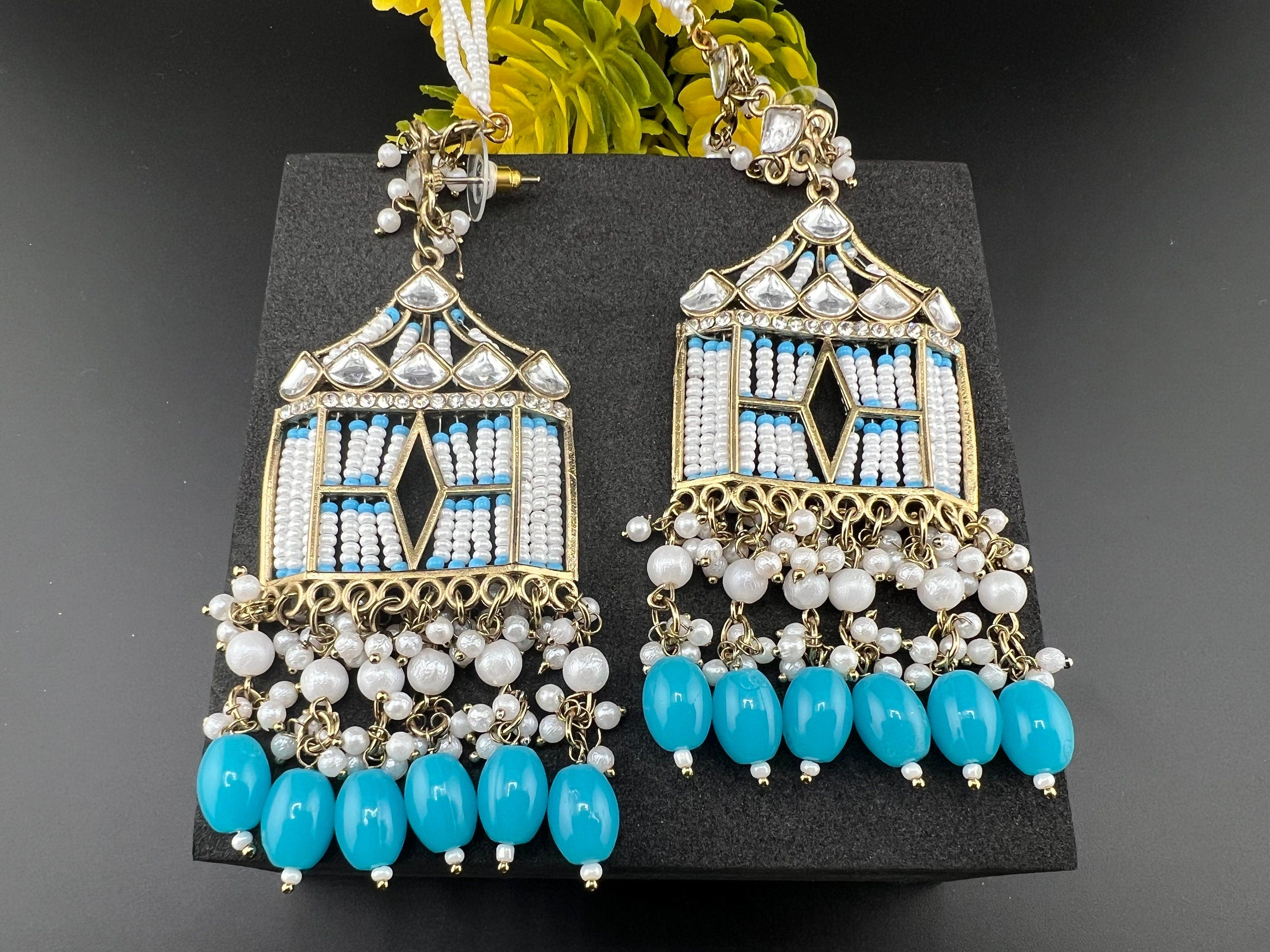 Doli Blue/Turquoise/Firozi chandbali earring with Ear Support Chain in kundan, CZ and pearl/statement earring/Indian Earrings/Bridal Earring