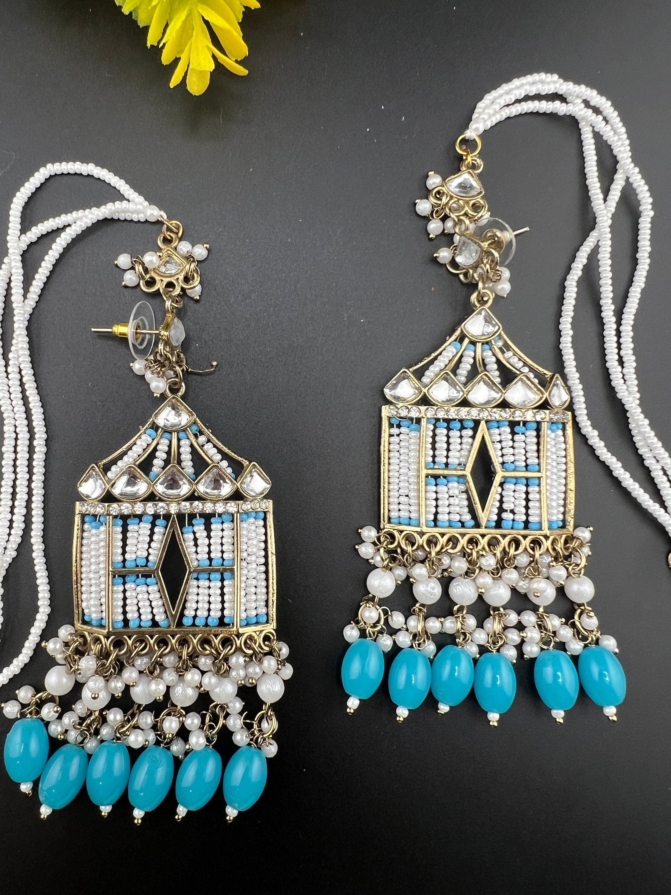 Doli Blue/Turquoise/Firozi chandbali earring with Ear Support Chain in kundan, CZ and pearl/statement earring/Indian Earrings/Bridal Earring