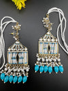 Blue Doli Chandbali Earrings with Ear Supporting Chain with Kundan, CZ and pearls
