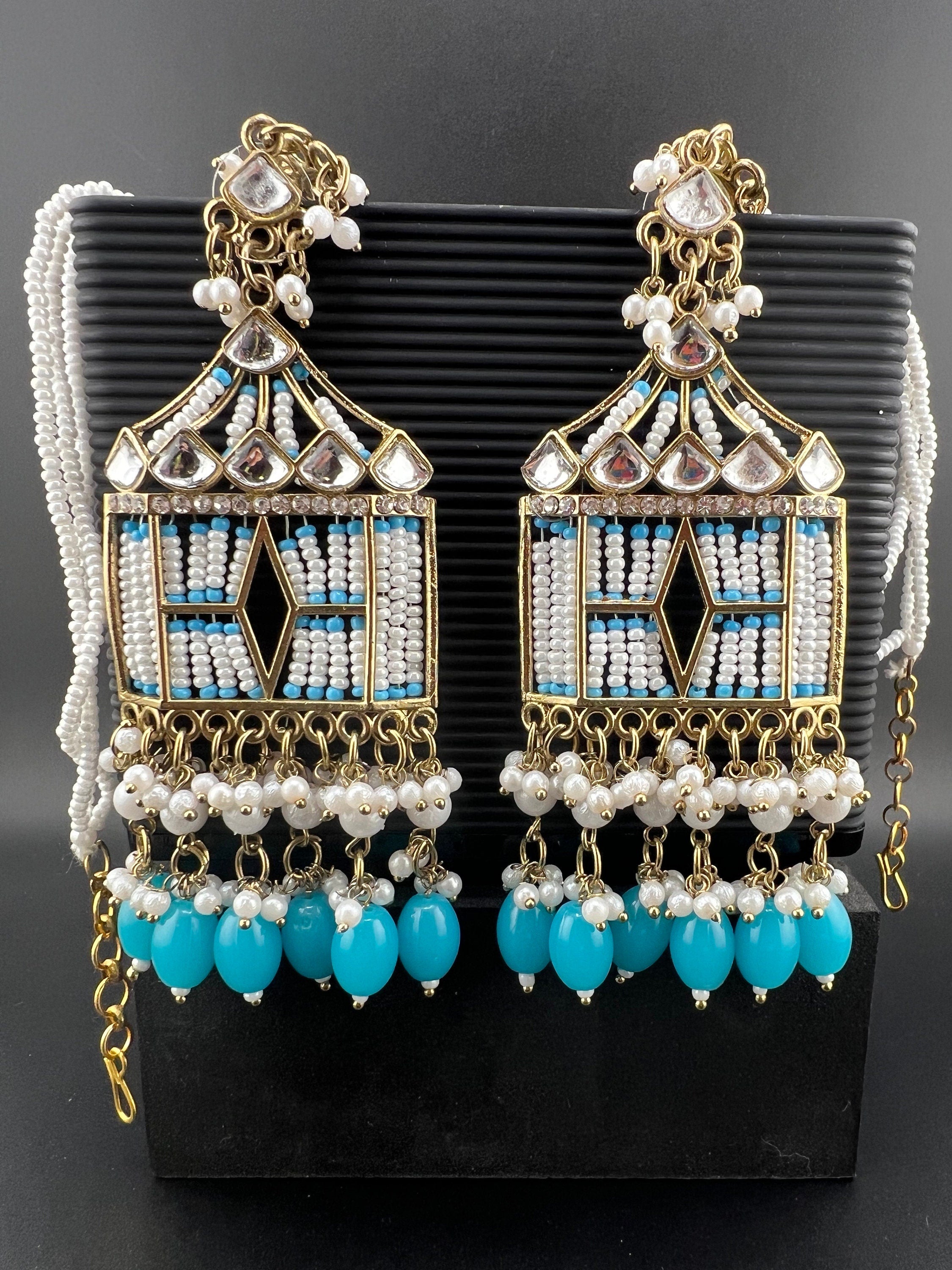 Doli Blue/Turquoise/Firozi chandbali earring with Ear Support Chain in kundan, CZ and pearl/statement earring/Indian Earrings/Bridal Earring