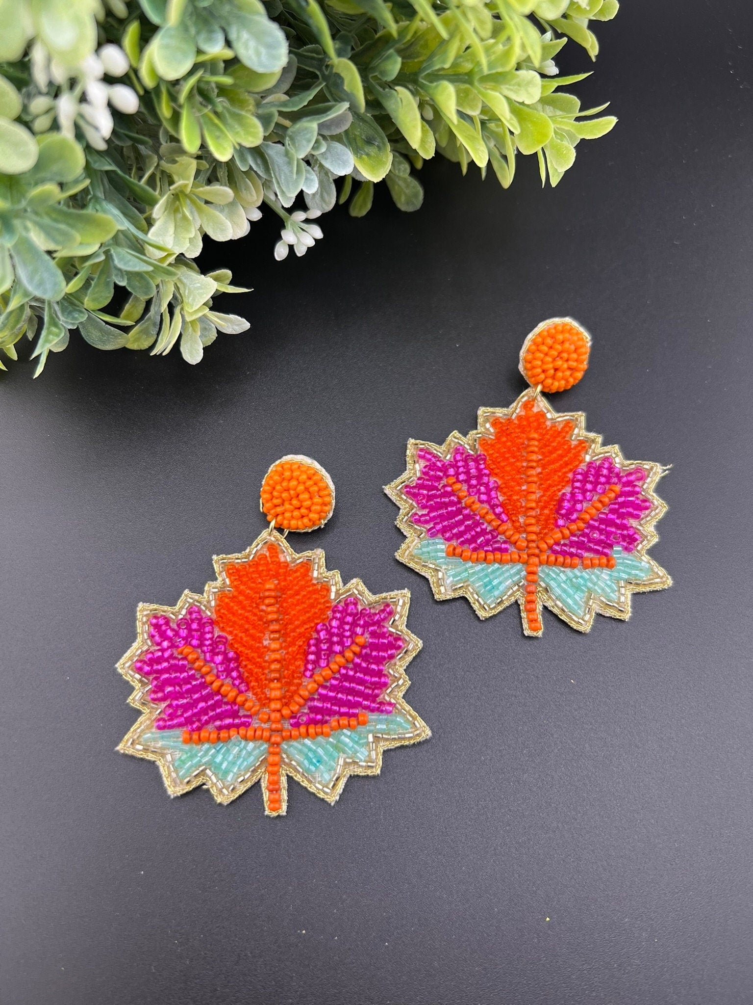 Beaded Maple leaf quirky earrings/Handmade earring/Statement Earring/Boho Earring/Beaded Oversized earring/Ethnic Earring/Orange earrings