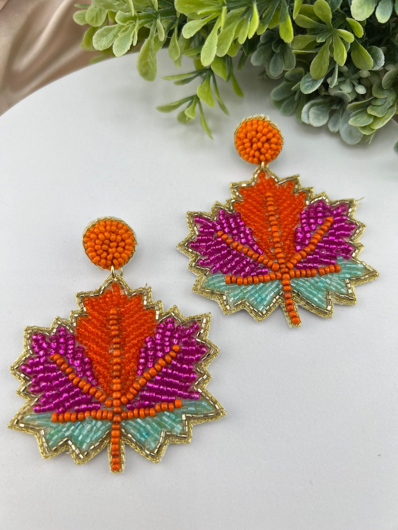 Beaded Maple leaf quirky earrings/Handmade earring/Statement Earring/Boho Earring/Beaded Oversized earring/Ethnic Earring/Orange earrings