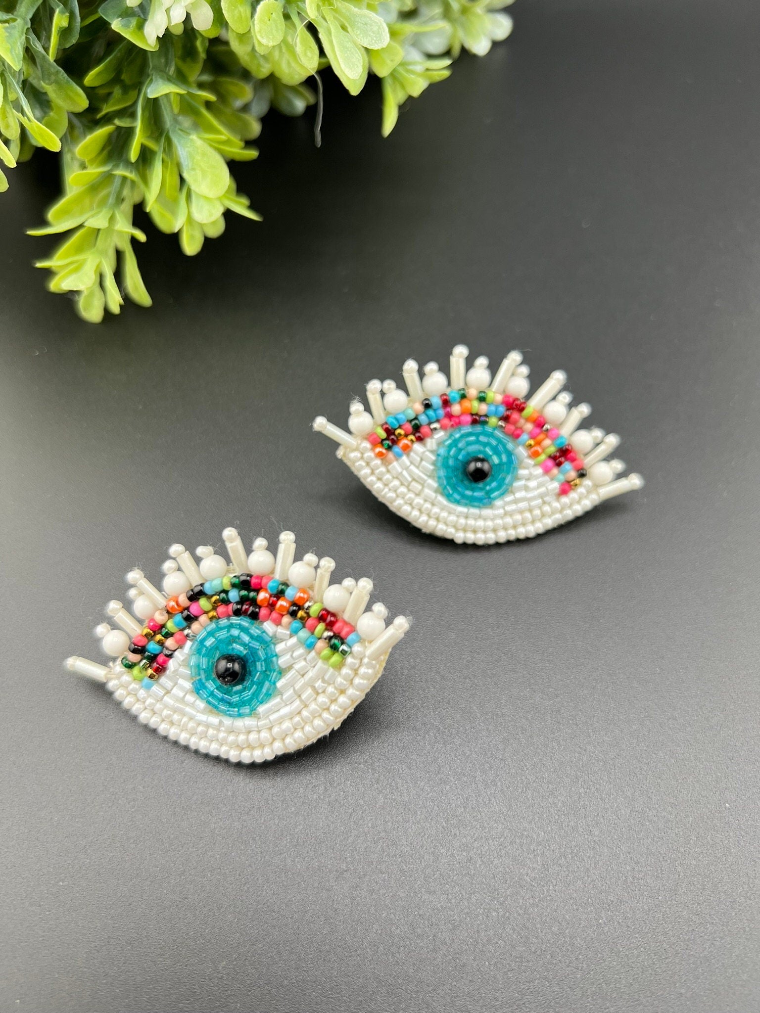 Evil eye Beaded earrings studs/Handmade earring/Statement Earring/Boho Earring/Fashion Jewelry/Ethnic Earring/Quirky earrings/white earrings