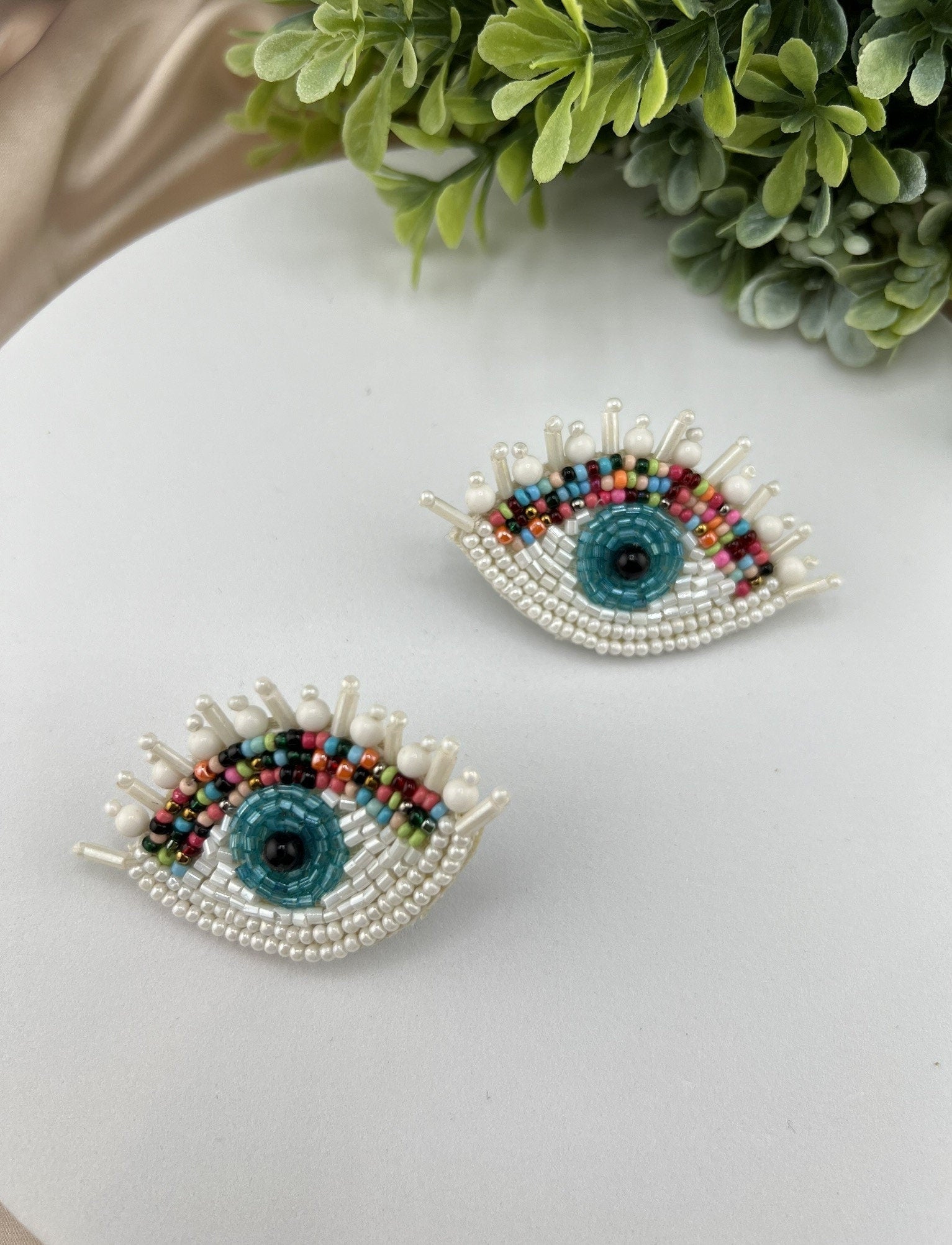 Evil eye Beaded earrings studs/Handmade earring/Statement Earring/Boho Earring/Fashion Jewelry/Ethnic Earring/Quirky earrings/white earrings