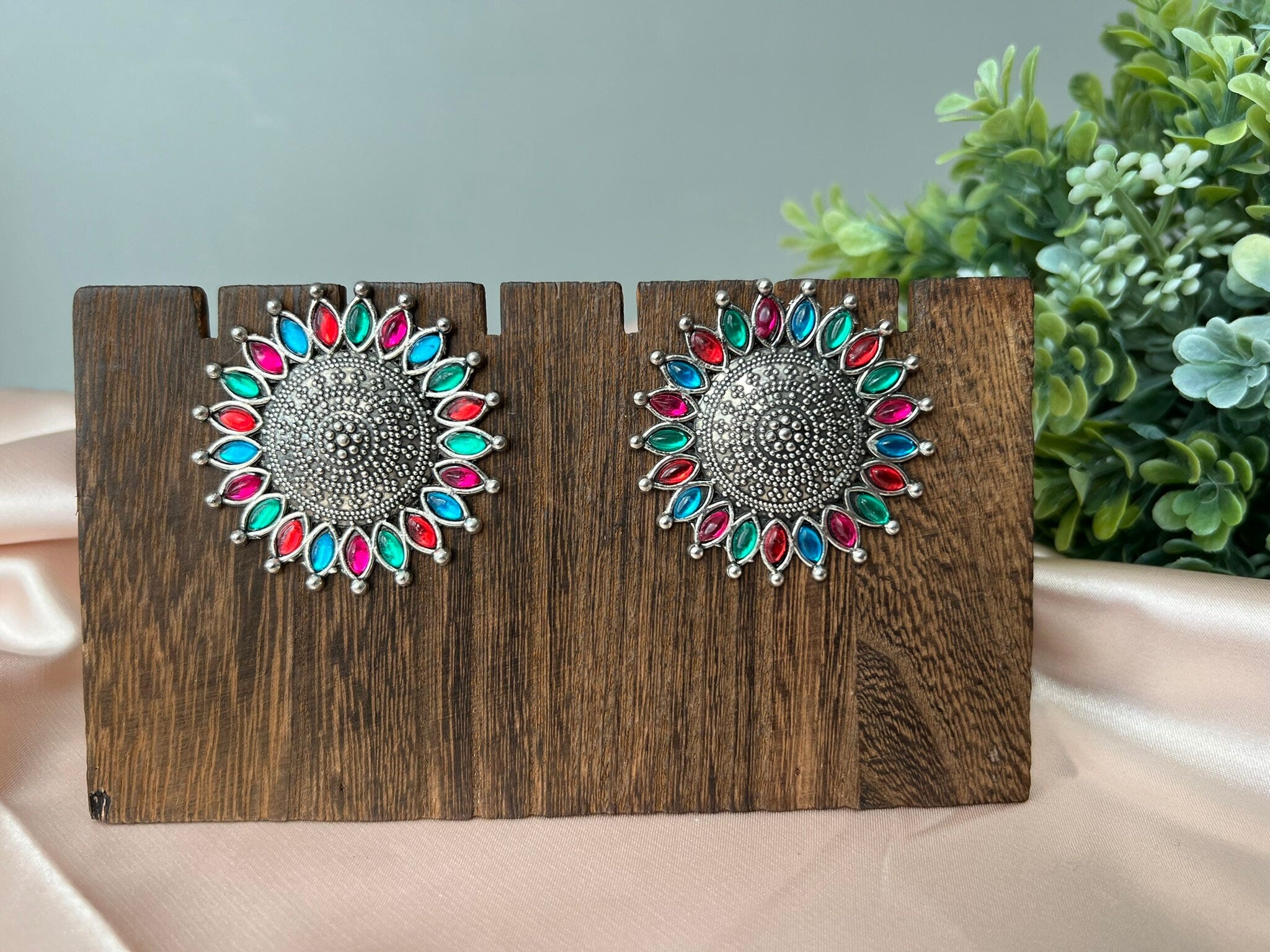 Multi Color oxidized German silver earring stud with stone/Oxidized silver earring/Statement Earring/Boho Earring/Ethnic Earring/Big earring