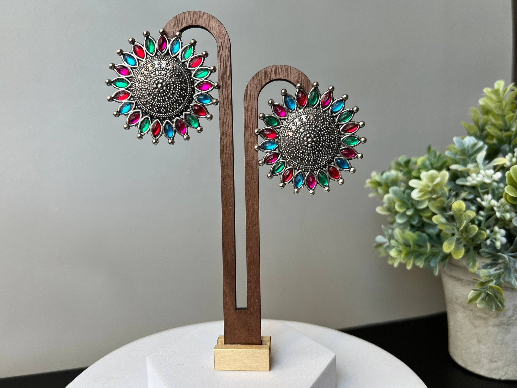 Multi Color oxidized German silver earring stud with stone