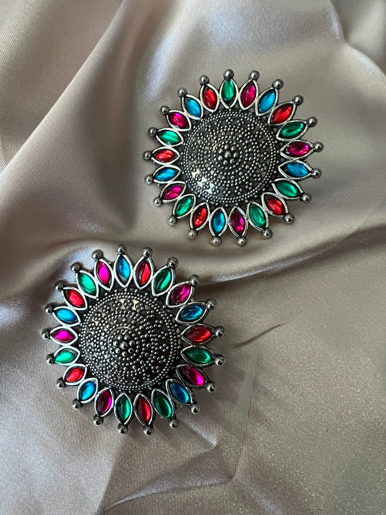 Multi Color oxidized German silver earring stud with stone/Oxidized silver earring/Statement Earring/Boho Earring/Ethnic Earring/Big earring