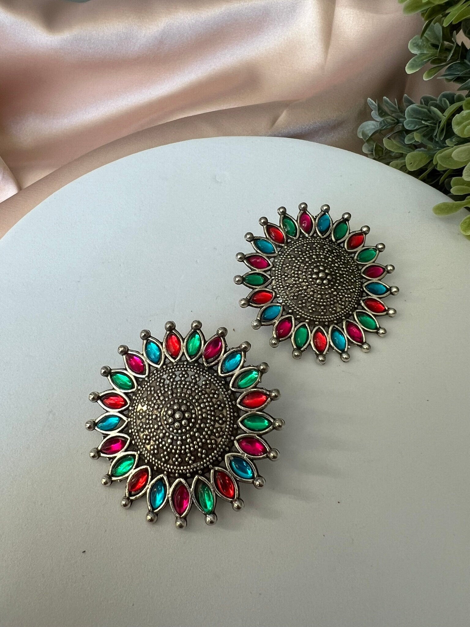 Multi Color oxidized German silver earring stud with stone/Oxidized silver earring/Statement Earring/Boho Earring/Ethnic Earring/Big earring