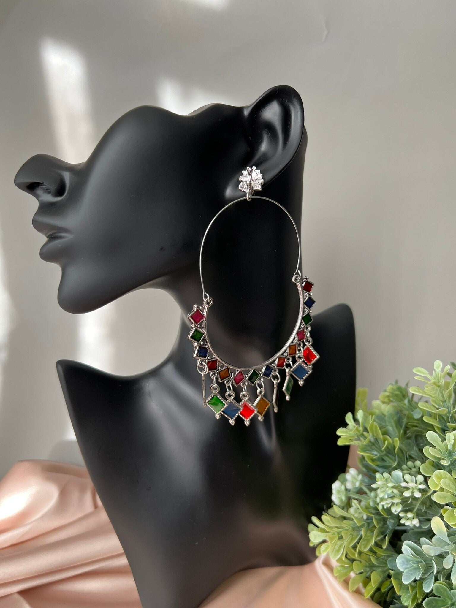 Oversized Multicolor Oxidized German silver Hoop earrings with Enamel details