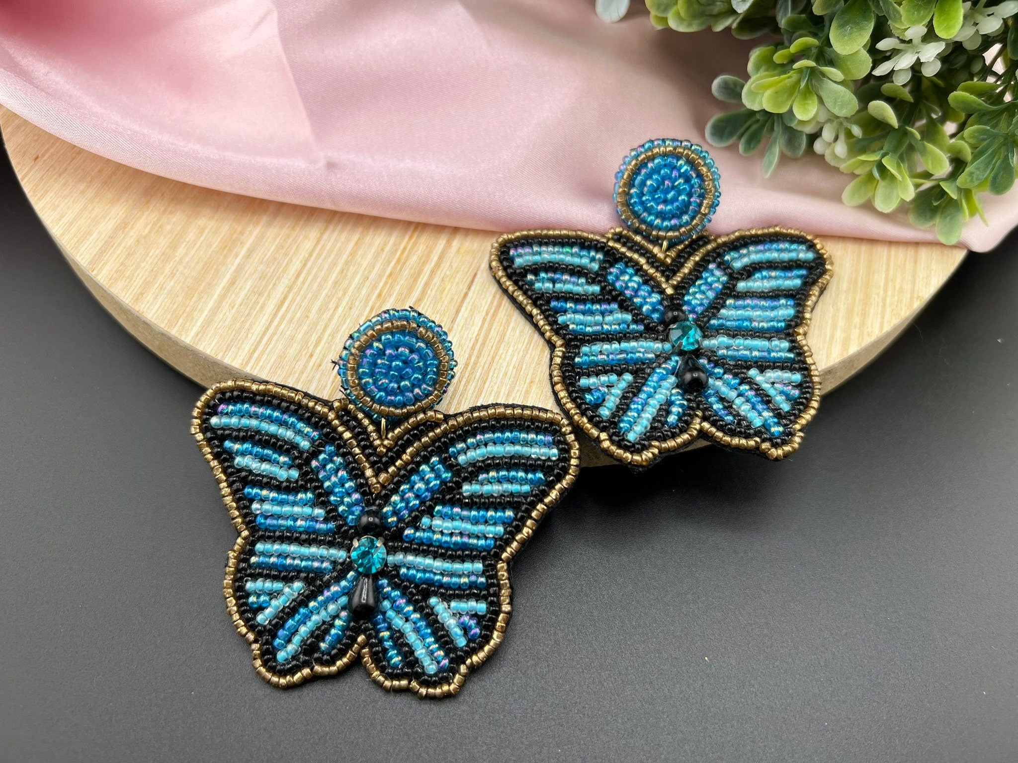 Blue Butterfly Beaded earrings, quirky Handmade earrings