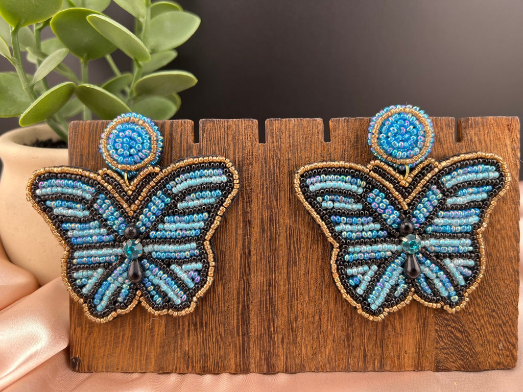 Blue Butterfly Beaded earrings, quirky Handmade earrings