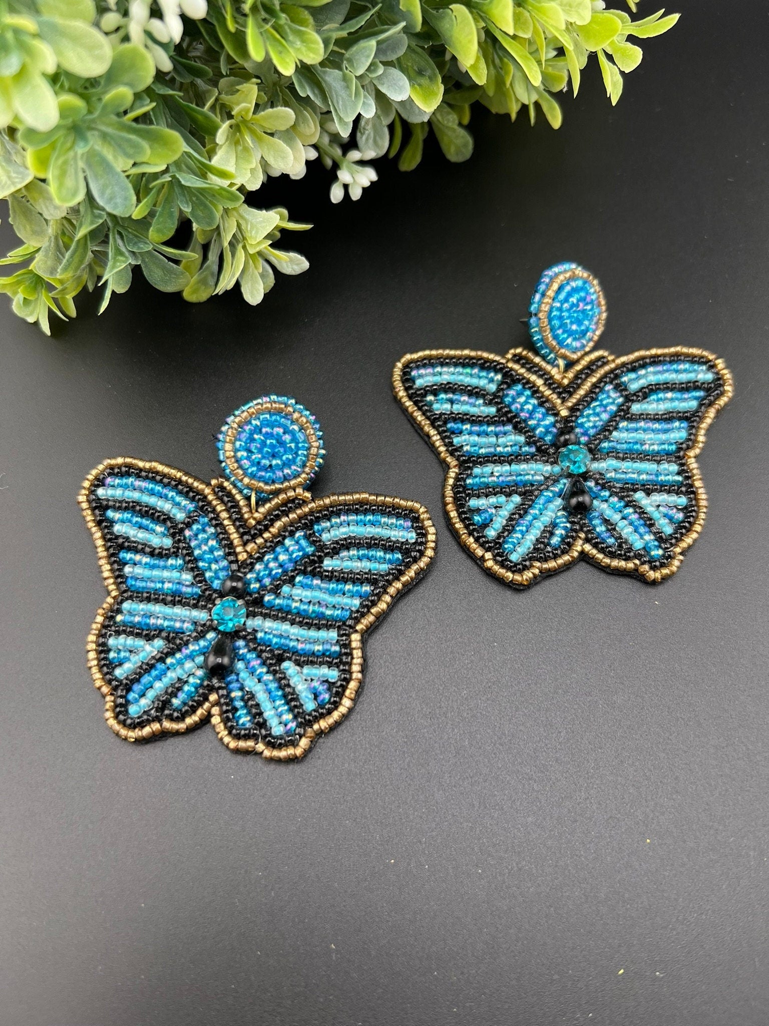 Blue Butterfly Beaded earrings, quirky Handmade earrings