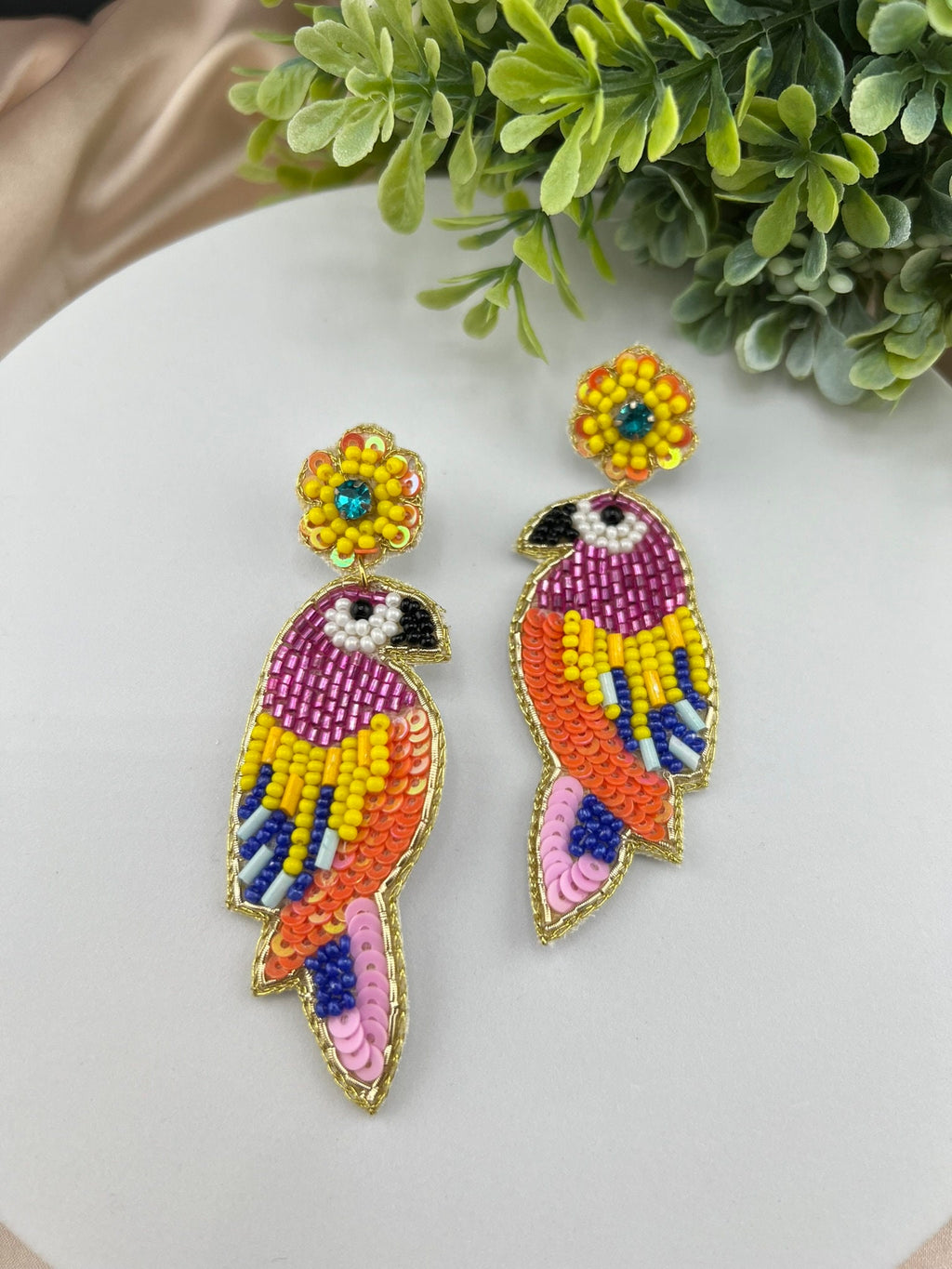 Colorful Bird Beaded Earrings, Handmade Statement earrings