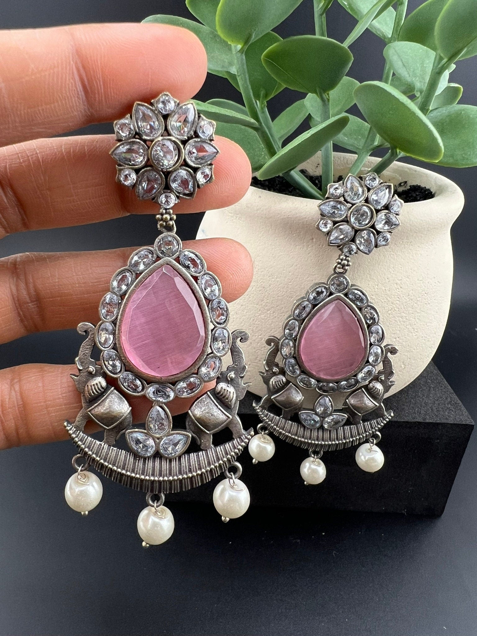 Pink oxidized silver earring with CZ, stone and pearl/Oxidized silver earring/Statement Earrings/Boho Earring/CZ jewelry/Ethnic Earring