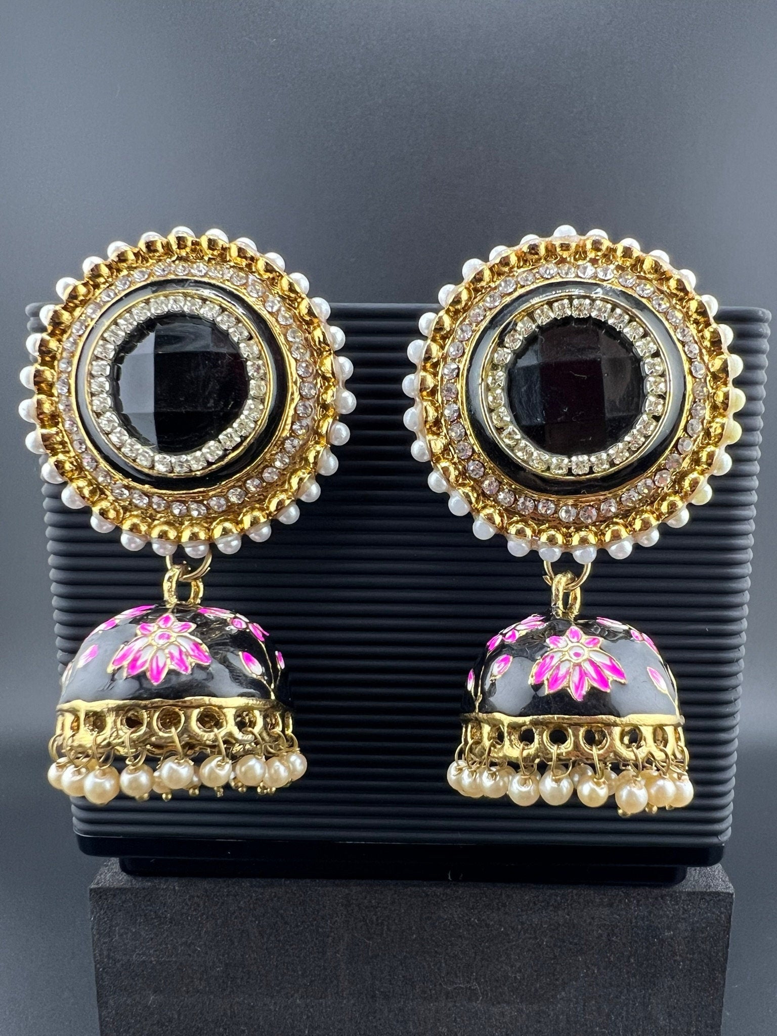 Premium Oversized Stud Jhumka/Black and Gold with CZ, pearls, Minakari jhumka details/Indian Earrings/Indian Jhumka/Bridal Earring/Heavy