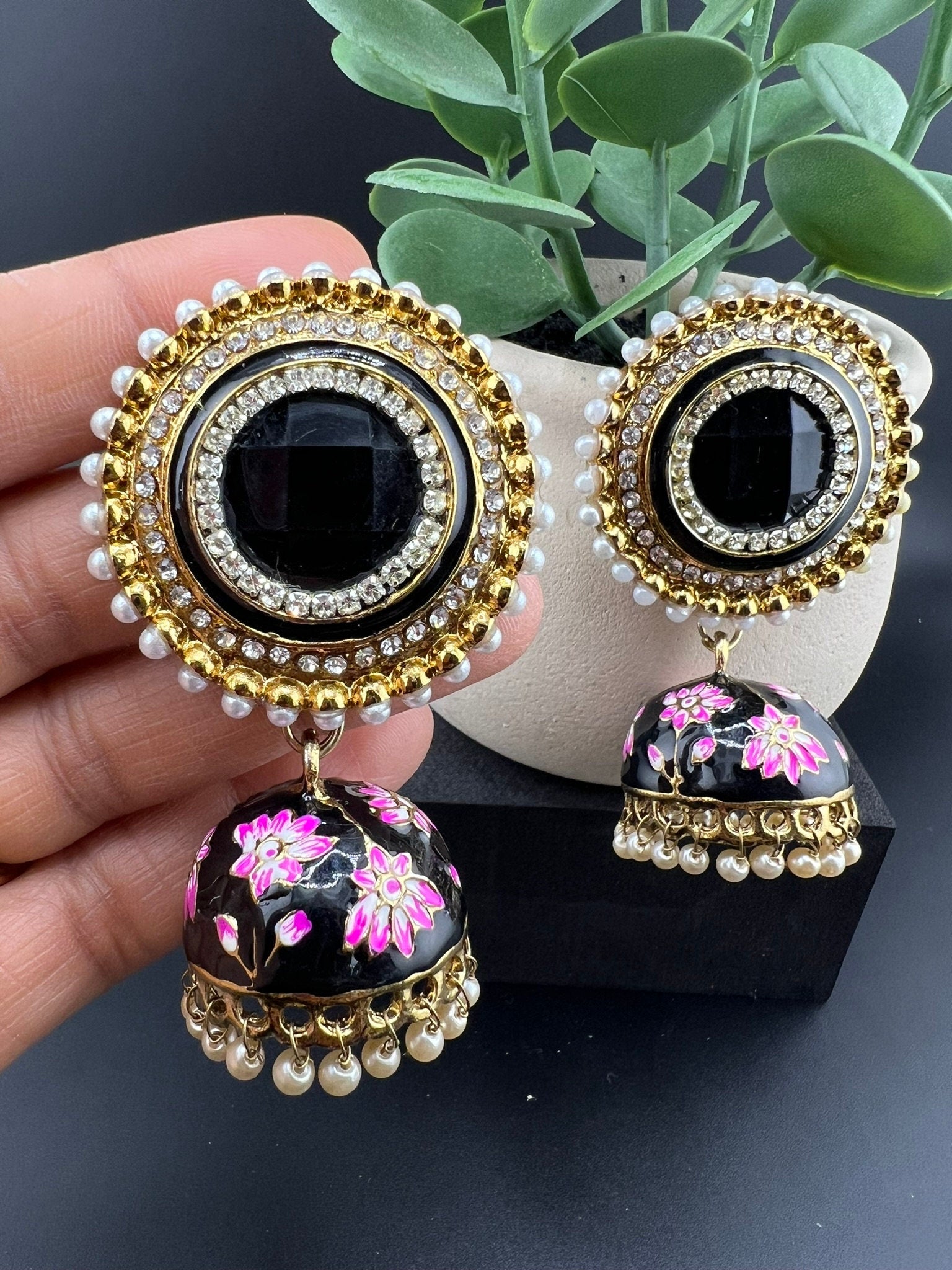 Premium Oversized Stud Jhumka/Black and Gold with CZ, pearls, Minakari jhumka details/Indian Earrings/Indian Jhumka/Bridal Earring/Heavy