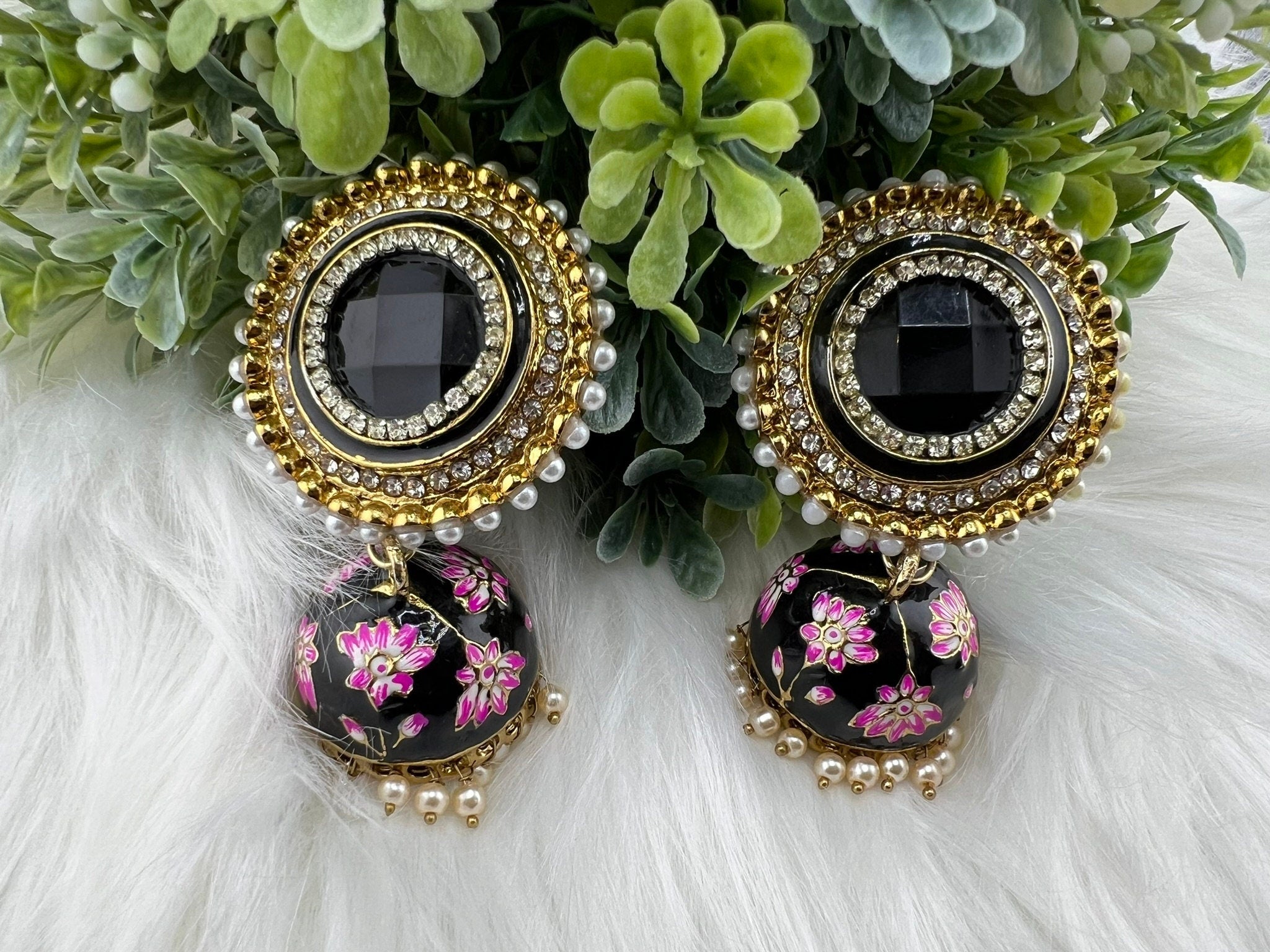 Premium Oversized Stud Jhumka/Black and Gold with CZ, pearls, Minakari jhumka details/Indian Earrings/Indian Jhumka/Bridal Earring/Heavy