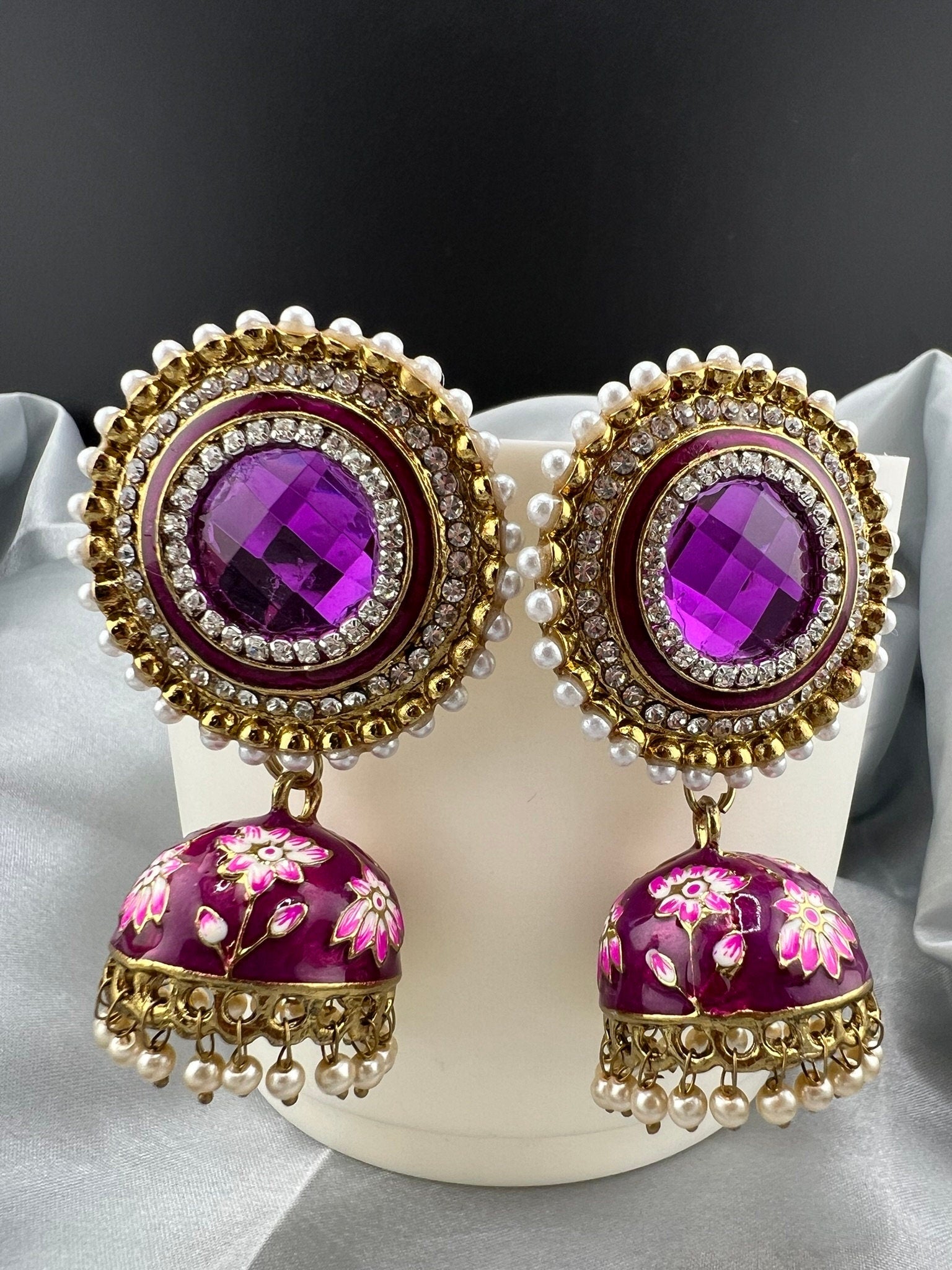 Premium Oversized Stud Jhumka/Purple and Gold with CZ, pearls, Minakari jhumka details/Indian Earrings/Indian Jhumka/Bridal Earring/Heavy